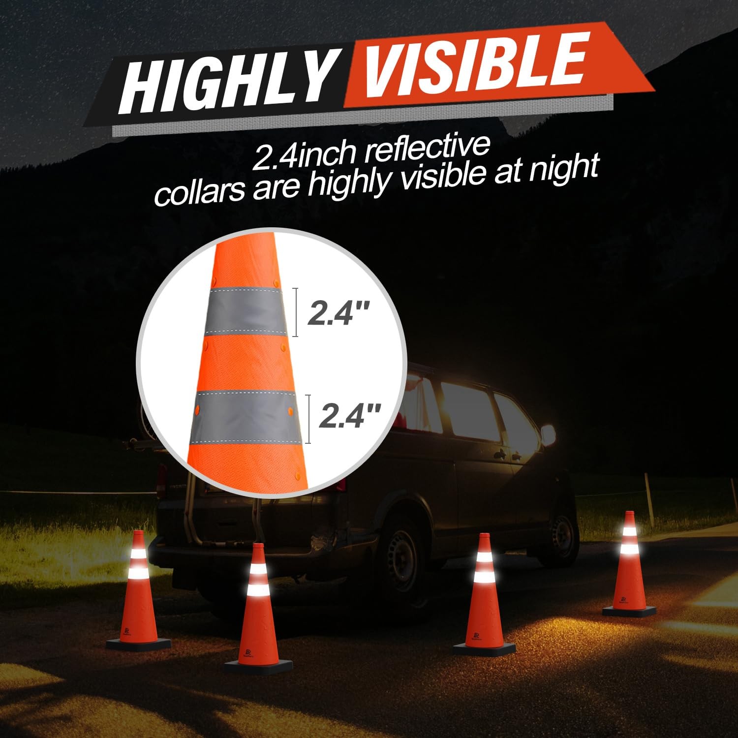 28 Inch Collapsible Traffic Safety Cones with Black Weighted Base, Constructi…