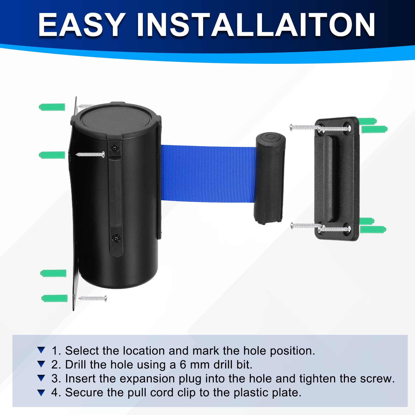 Fixed Wall Mount Retractable Belt Barriers (10 Feet, Dark Blue) (2 Pcs)