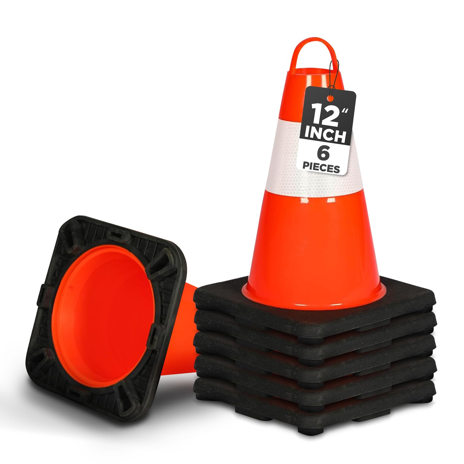 Pyle 12″ Safety Traffic Cones, 6-Pack Orange Parking Cones w/Reflective Collars