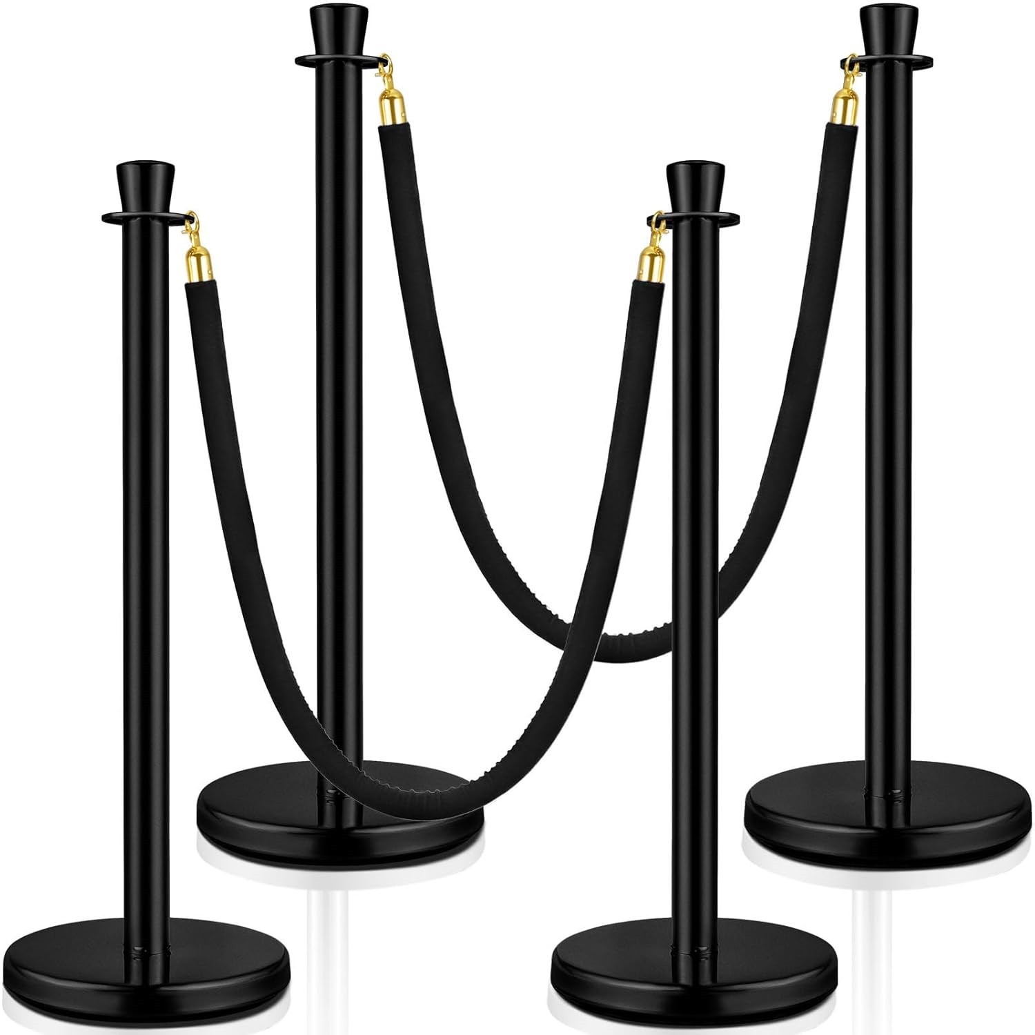 4PC 38″ Stainless Steel Stanchion Posts w/3PC Velvet Ropes Black
