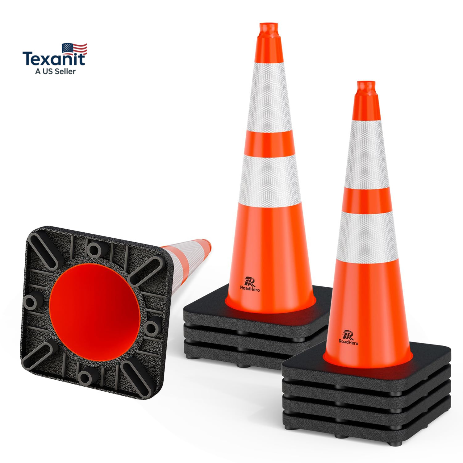 8 Pack 28 Inch 5.5 Lb Traffic Cones with Heavy Black Base, Orange Safety Cone wi