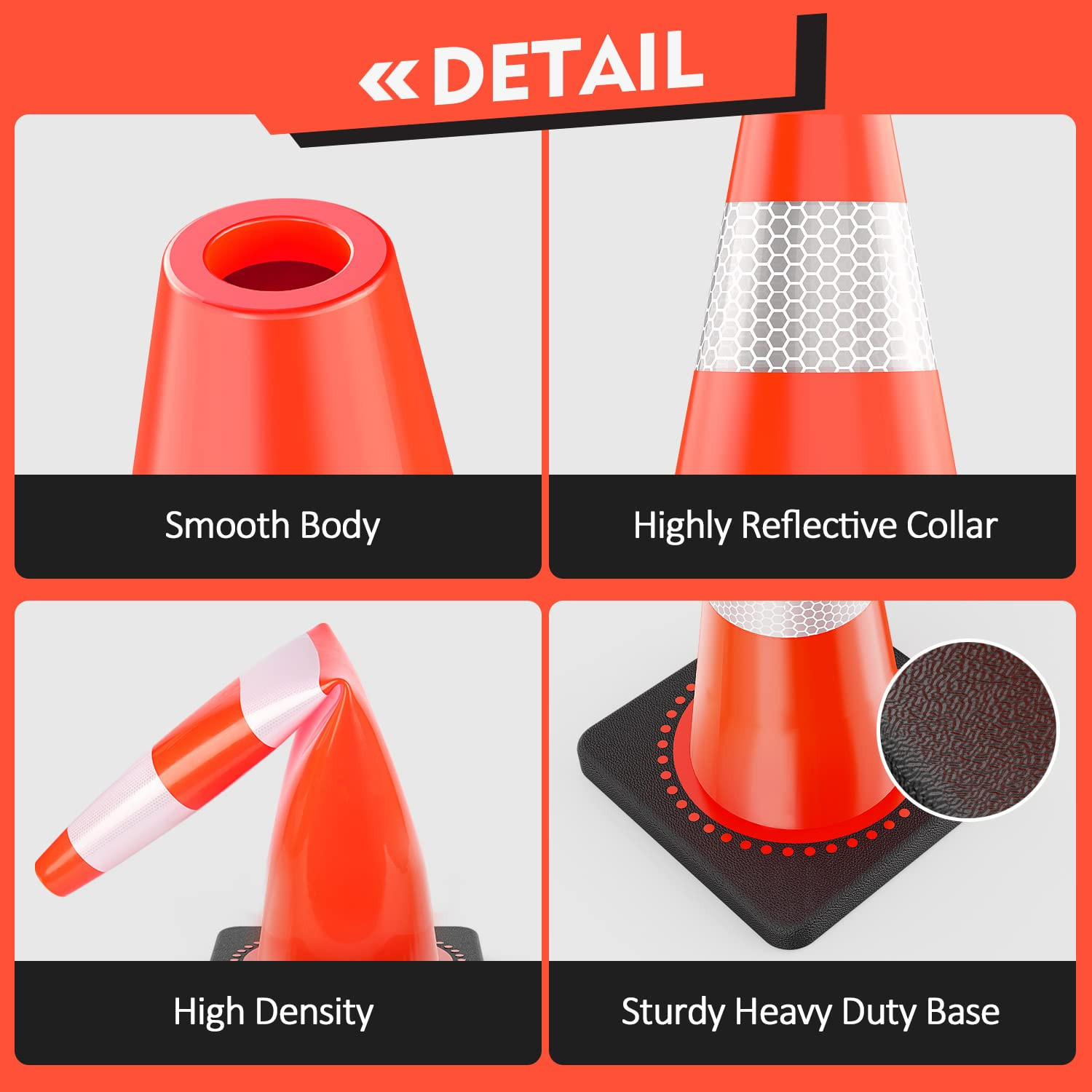 4 Pack Traffic Safety Cones 36 Inch with Black Weighted Base, Plastic PVC Cone,