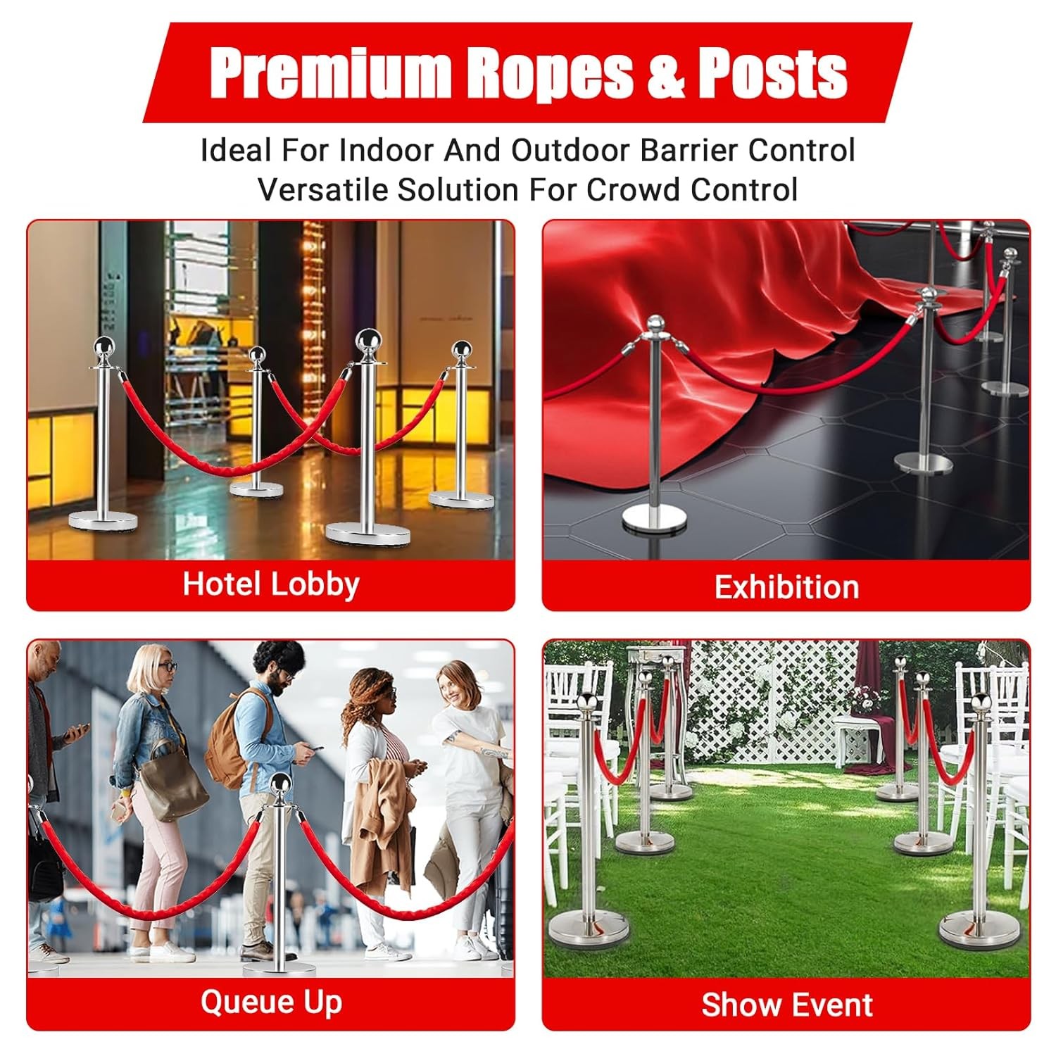 Stainless Steel Stanchion Post Queue 5FT VelvetCarpet Ropes Pole Crowd Control