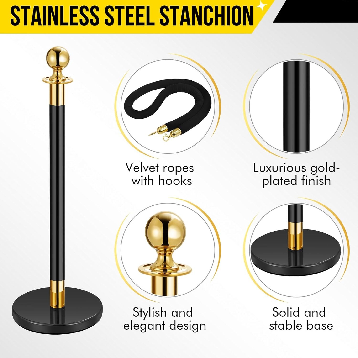 Stanchion Posts Queue Pole Gold w/Velvets Rope Crowd Control Barrier For Parties
