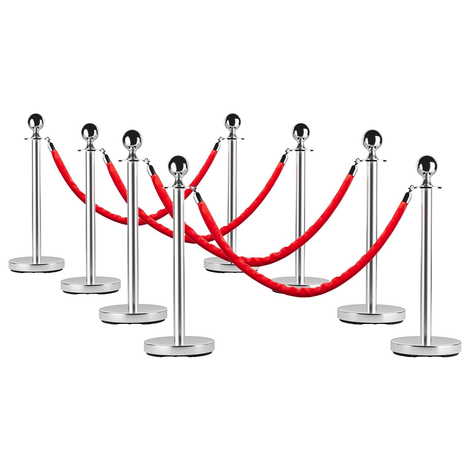 8 PCS Stainless Steel Stanchion Post Queue 5 ft Red Carpet Ropes and Pole Crowd