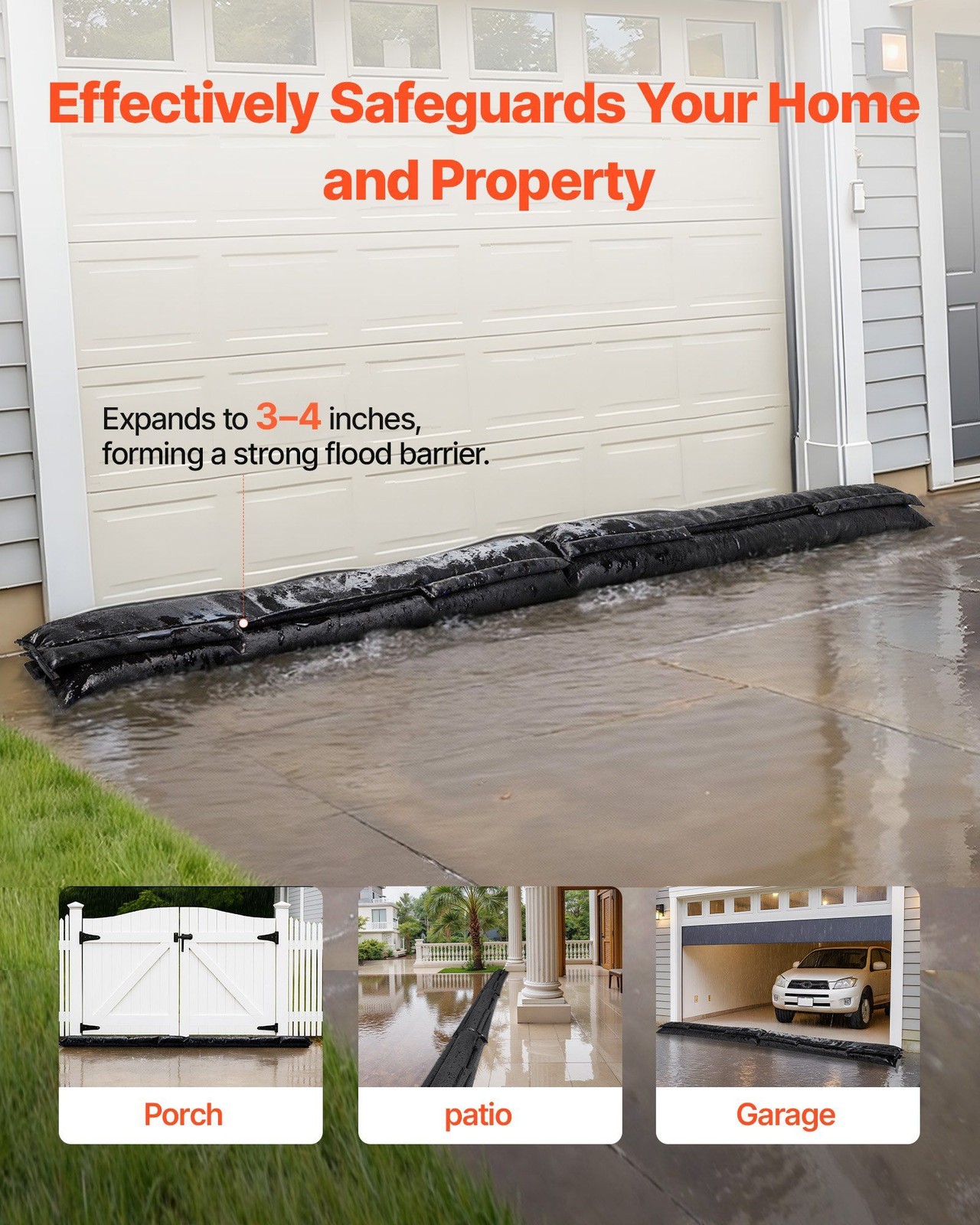 4-Pack Water-Triggered Flood Barriers, 5ft x 0.7ft, 3–4in Expansion, Garage Use