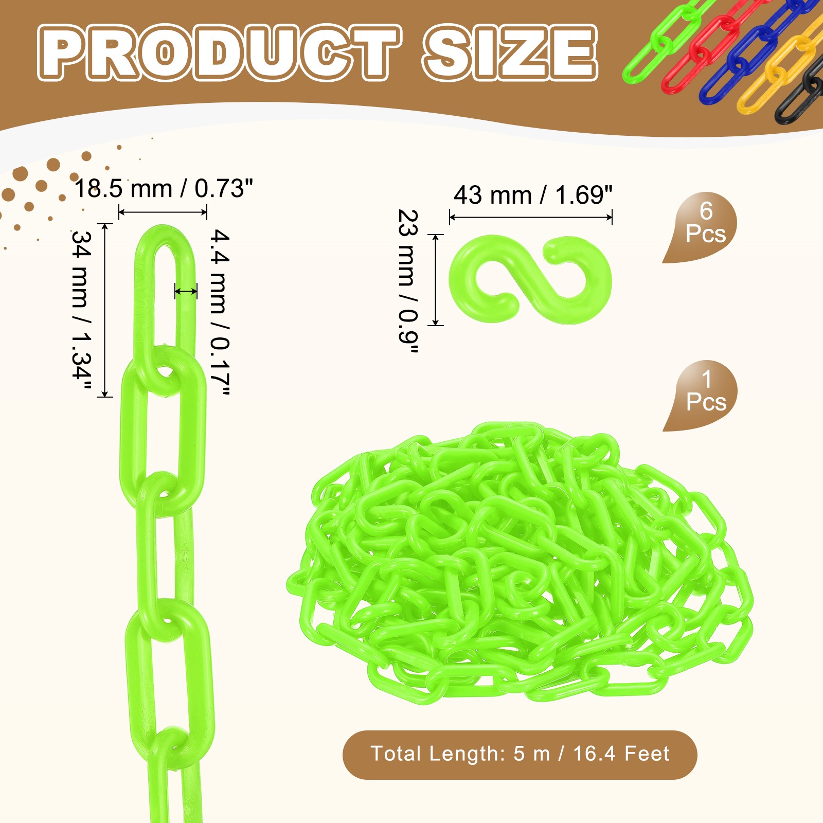 Barrier Chain, (16.4ft 0.7″ Dia., Green), Plastic Safety Chain Links W S Hooks