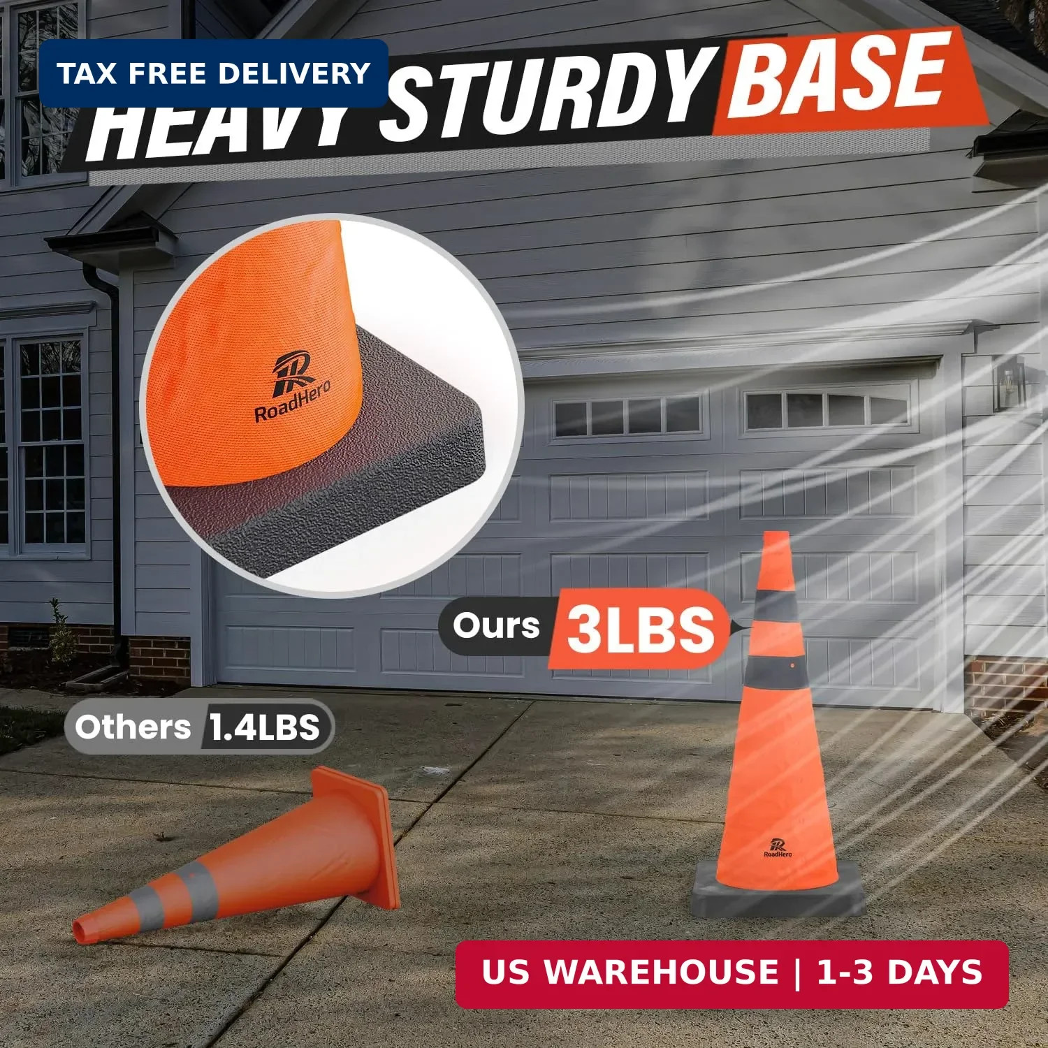 RoadHero 28 Inch Collapsible Traffic Safety Cones with Black Weighted Base, Cons