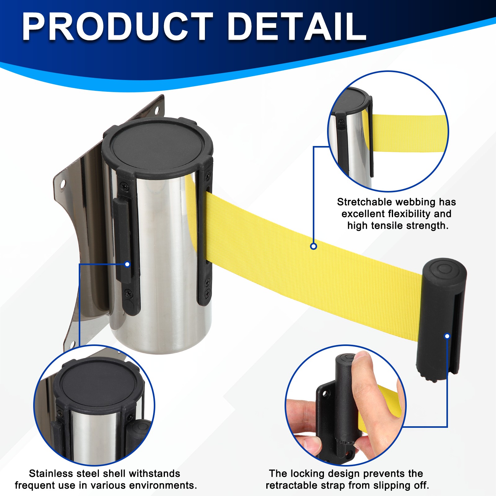 Fixed Wall Mount Retractable Belt Barrier (10 Feet, Yellow) (1 Pcs)