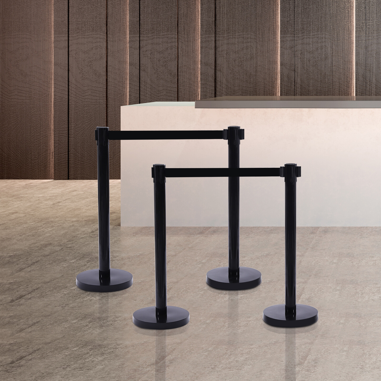 Black Retractable Belt Stanchion Post 4Pc Crowd Control Barrier Queue Pole