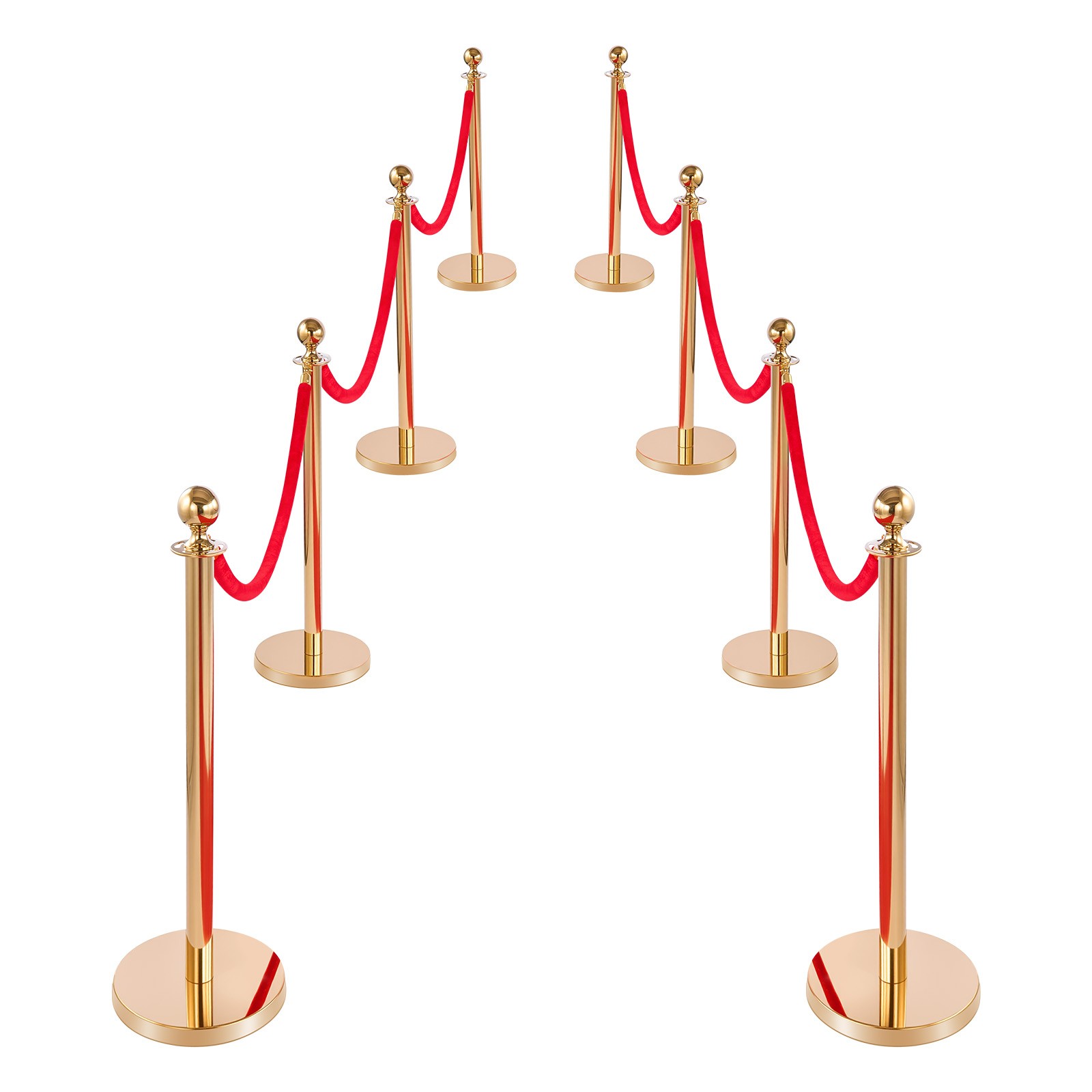 VEVOR 8 Pcs Stanchion Post with Red Carpet & 6 Red Velvet Ropes Hollow Base Gold