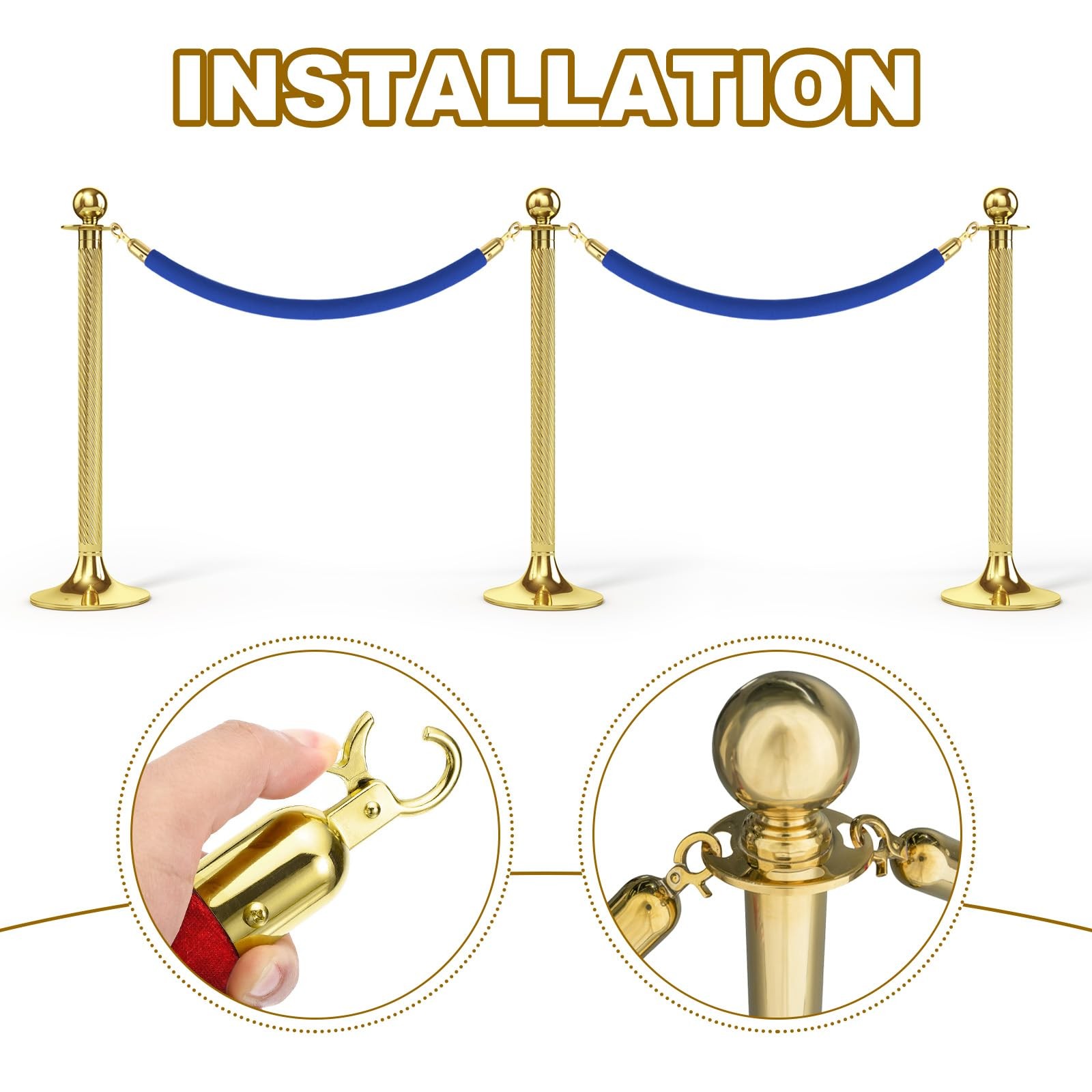 2 PCS 6.6 Ft Blue Velvet Stanchion Barrier Rope with Snap Hooks