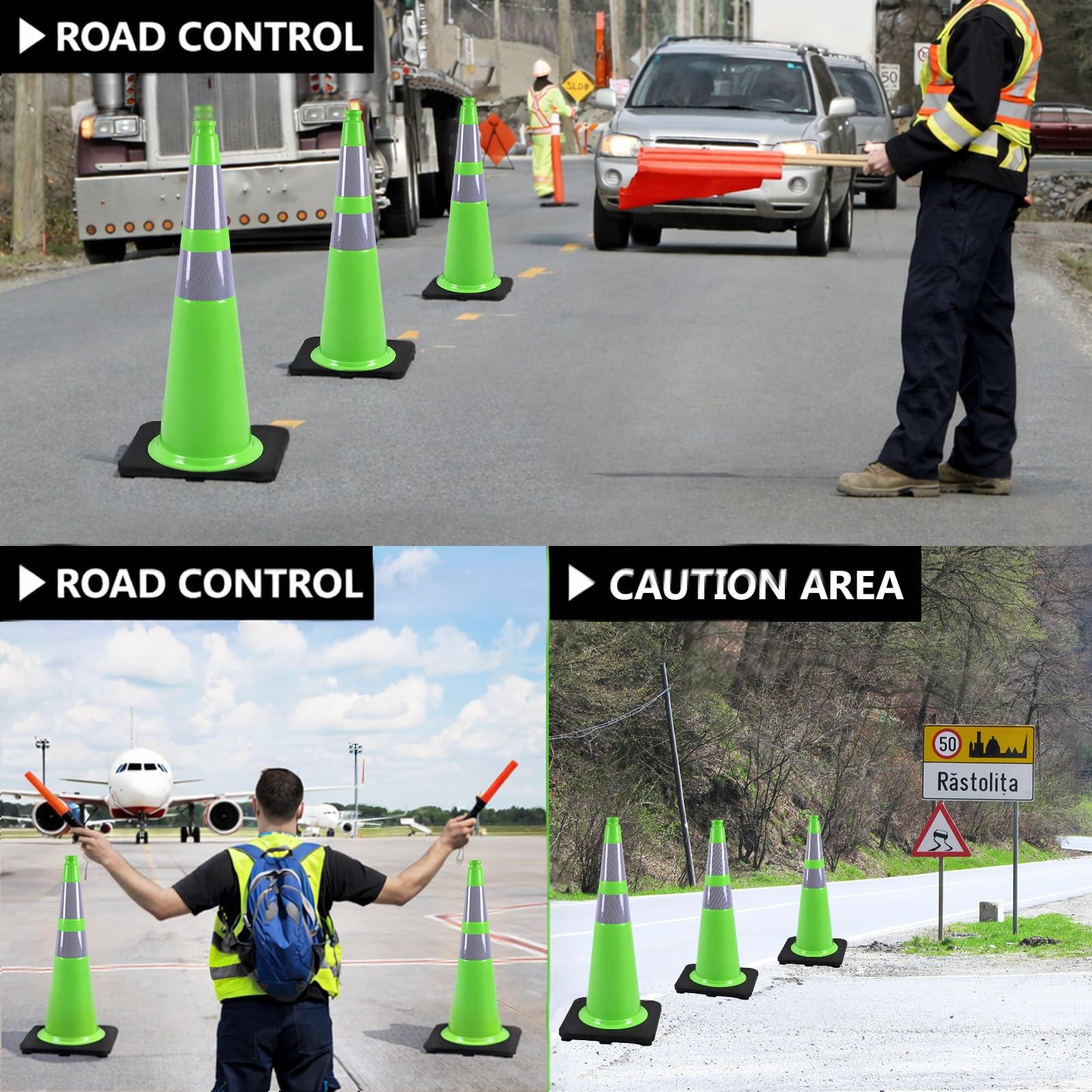 BESEA 8Pack 28″ inch Traffic Cones Green Safety Cones with 6 inch Reflective …