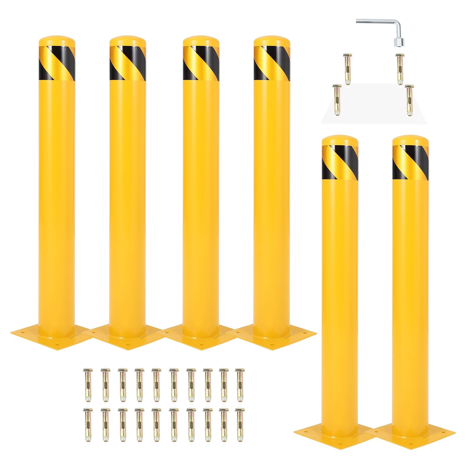 6Pcs Reflective Safety Bollard 48in Q235 Steel 4.5in OD for Parking Lot w/ Bolts