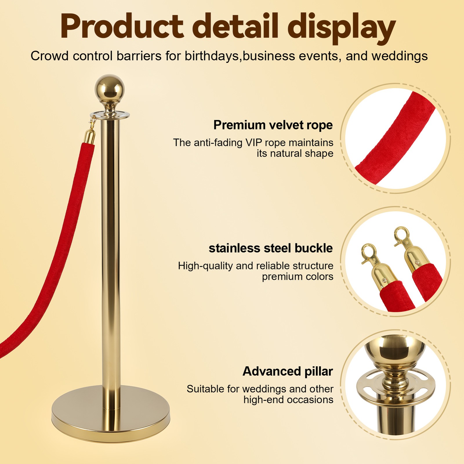 8Pcs Stanchion Post Queue Barrier Crowd Control Sand Base Gold with Velvet Ropes