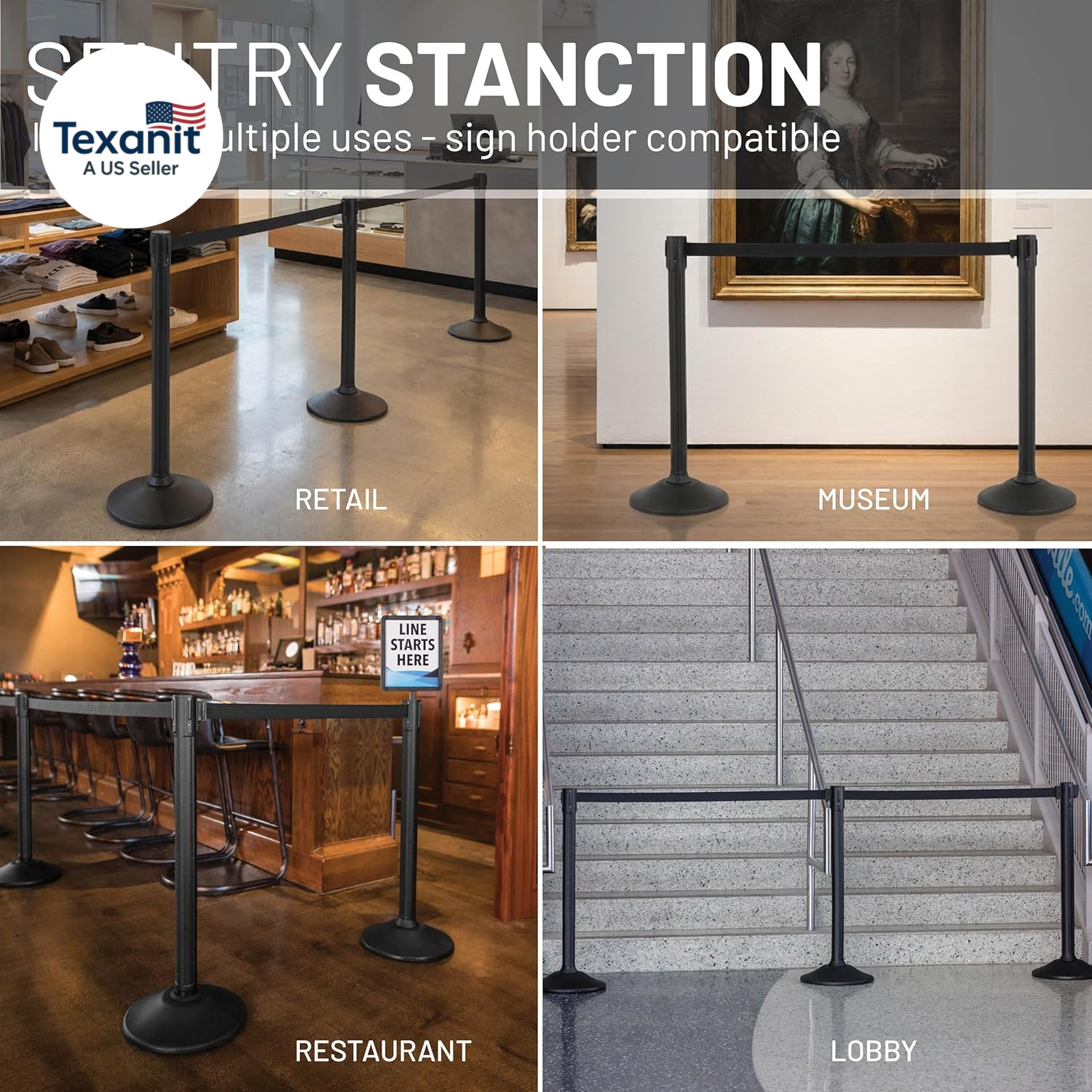 Black Plastic Stanchion for Crowd Control with 6.5′ Retractable Black Barrier Be