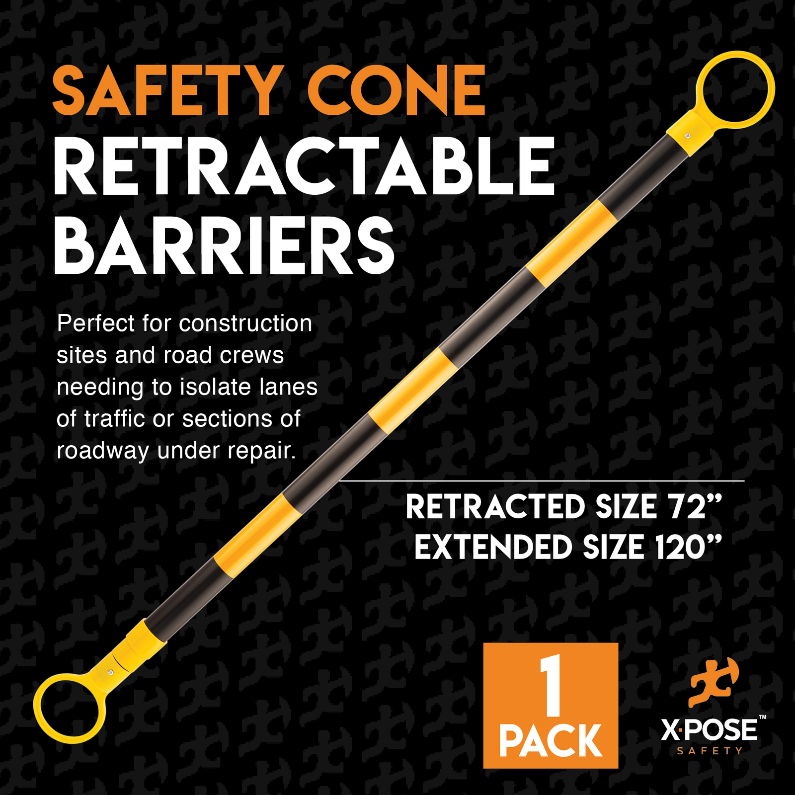 Yellow and Black Retractable Barrier for Traffic Cones – 2″ OD – 72-120″