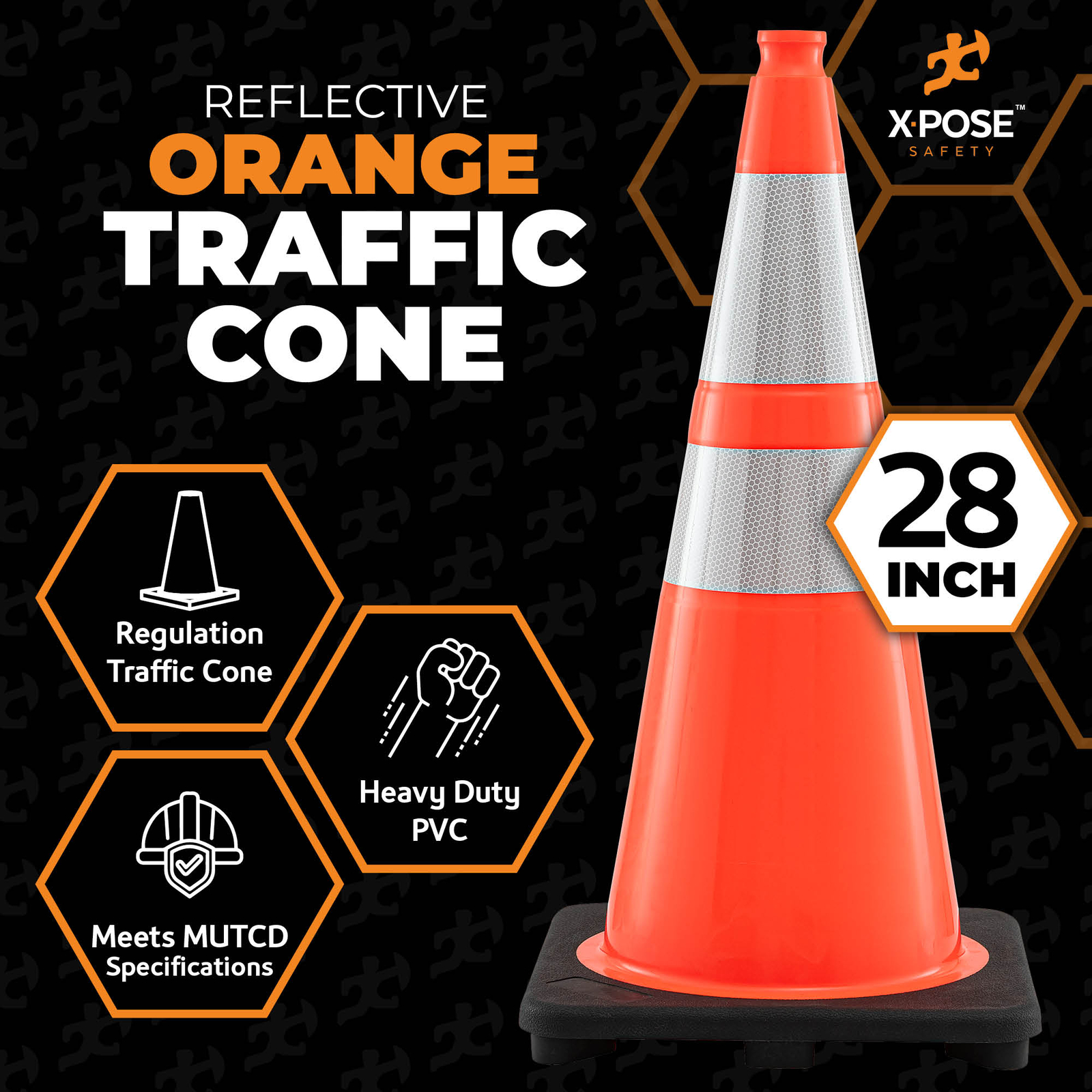 28 Inch Orange Traffic Cones with 6″ & 4″ Collar, PVC Plastic Safety Cone