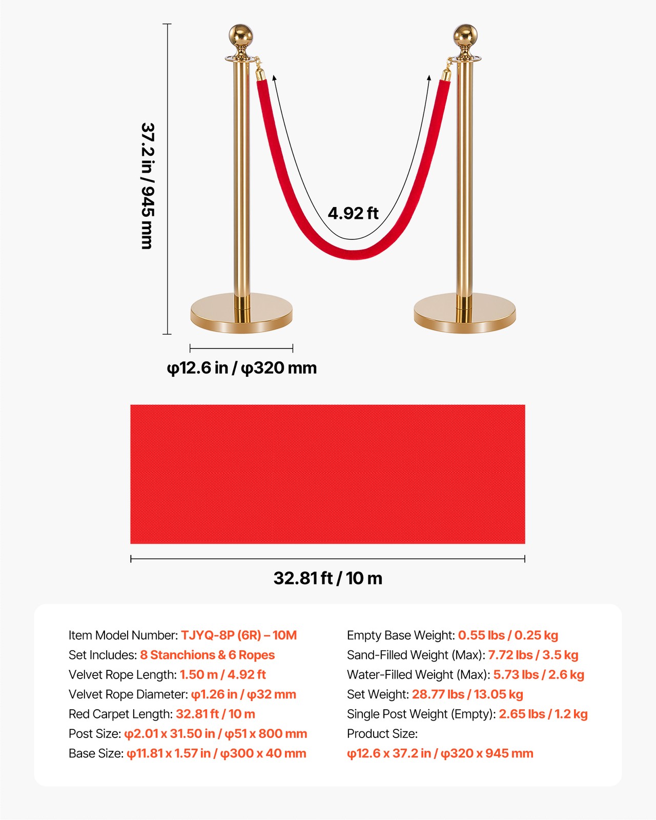 VEVOR 8 Pcs Stanchion Post with Red Carpet & 6 Red Velvet Ropes Hollow Base Gold