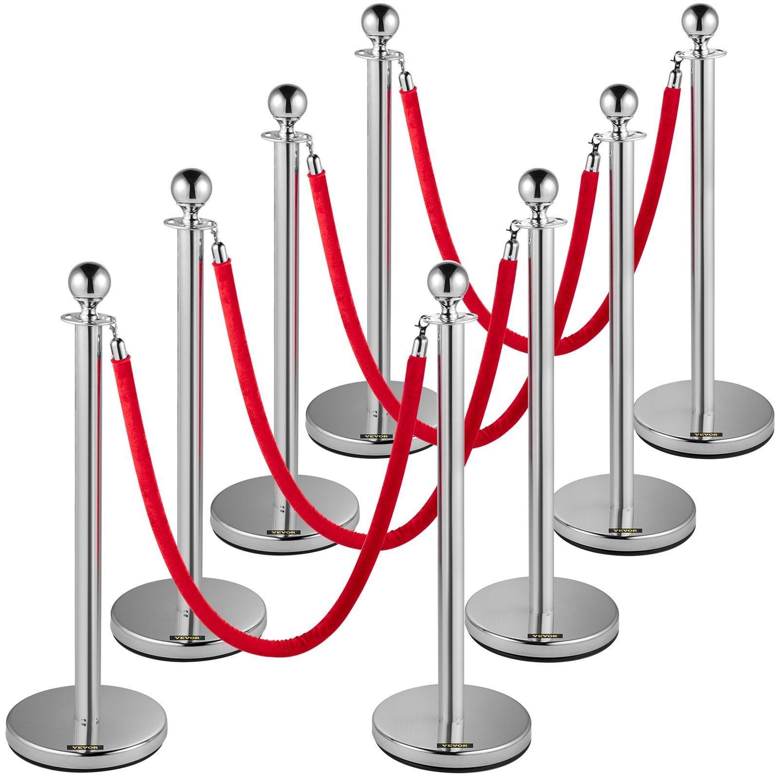 8PCS Stainless Steel Crowd Control Stanchions with 5ft Red Flannel Ropes