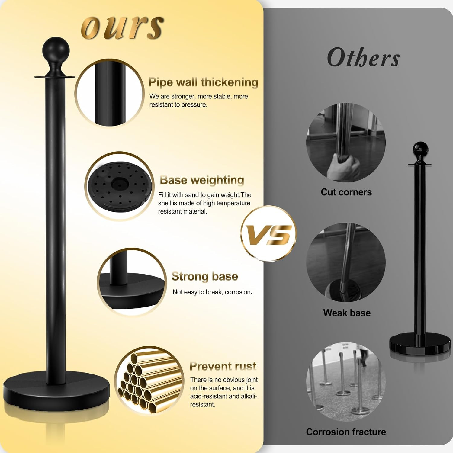 6PCS Black Stanchions Posts with 4PCS 5 Ft Black Velvet Rope, Black Velvet Rope