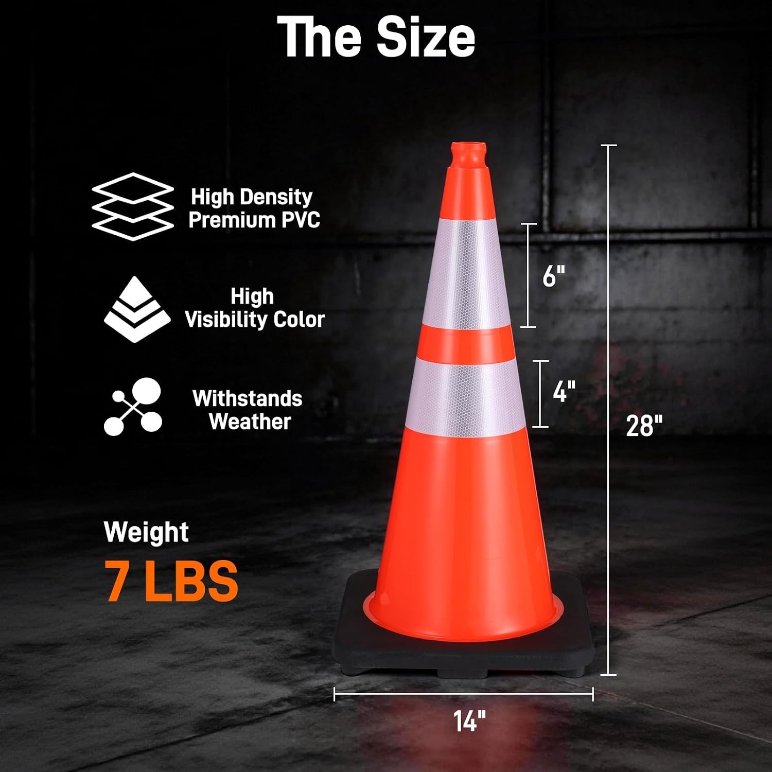 28 Inch Traffic Cones W/ 7 Lb Black Base & Reflective Collars Durable