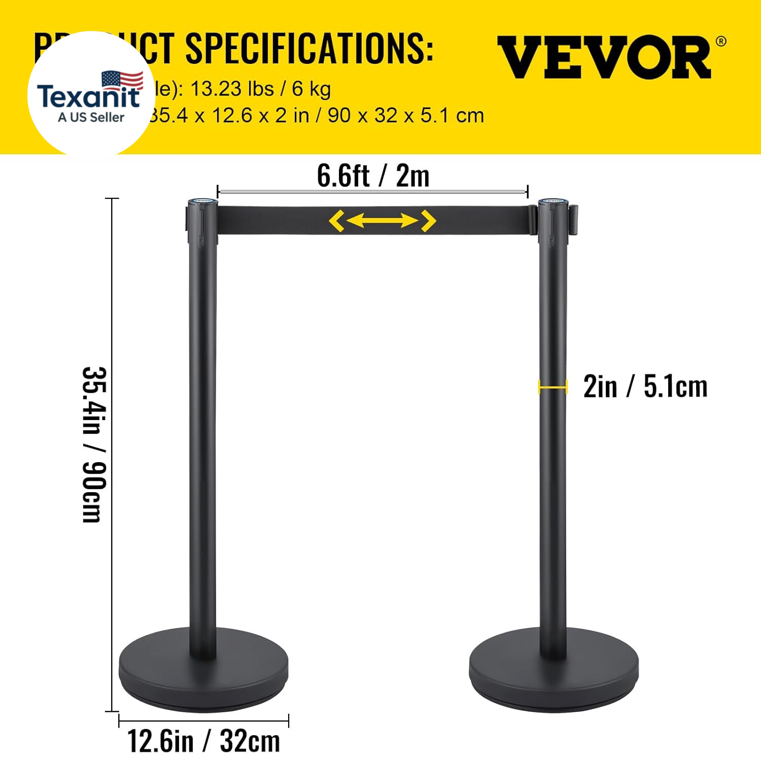 Crowd Control Stanchion Set, Stanchion Set with 6.6 Ft/2 M Black Retractable Bel
