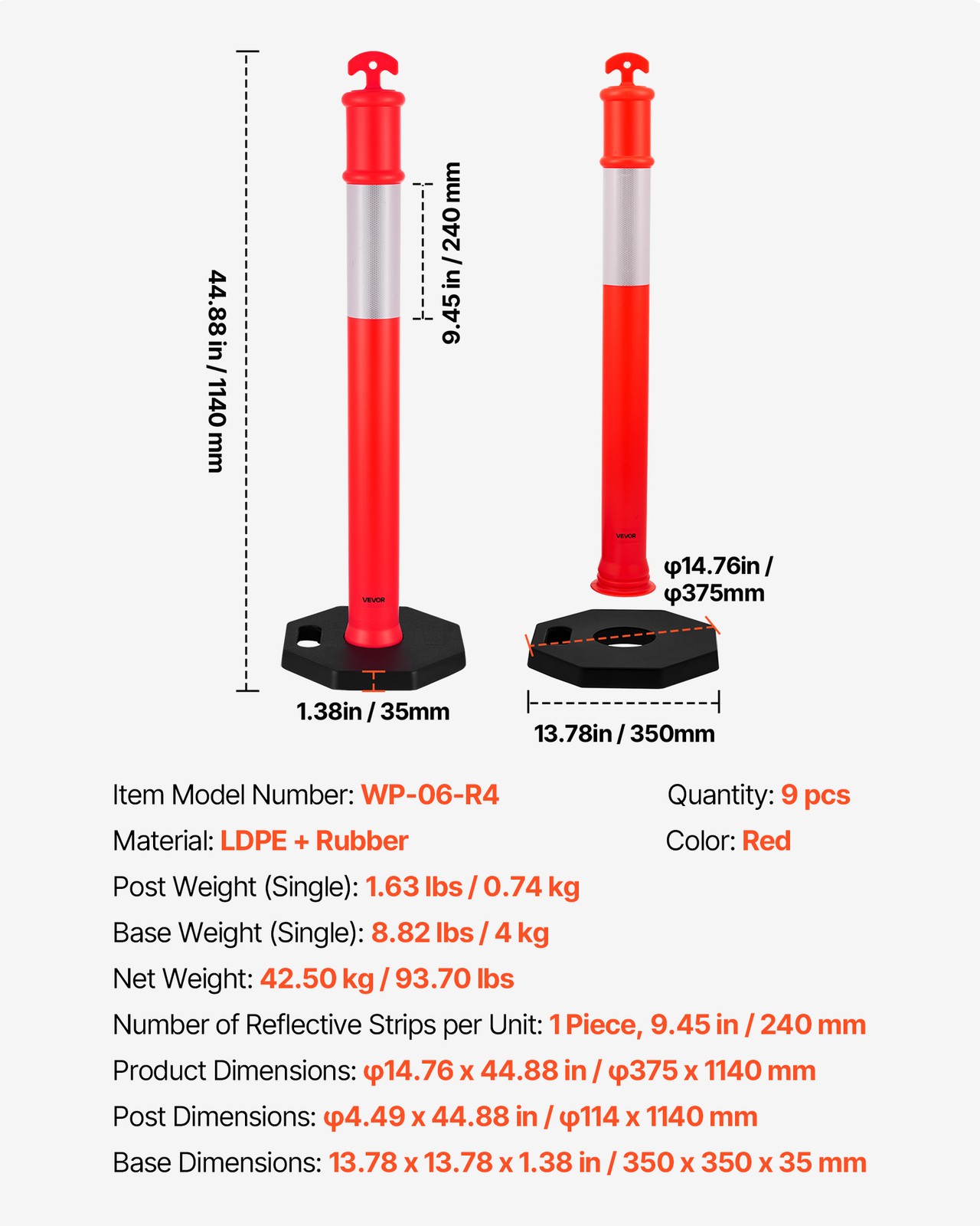 VEVOR 9 Packs Traffic Delineator Posts 48 in Traffic Safety Cones Weighted Base