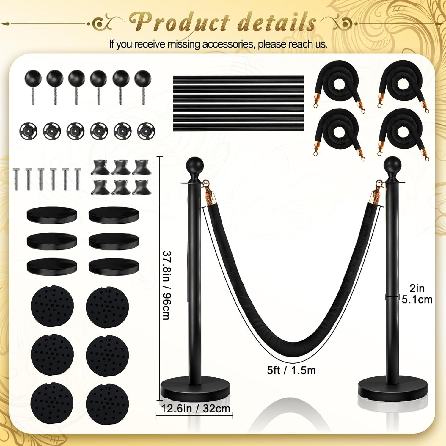 6PCS Black Stanchions Posts with 4PCS 5 Ft Black Velvet Rope, Black Velvet Rope