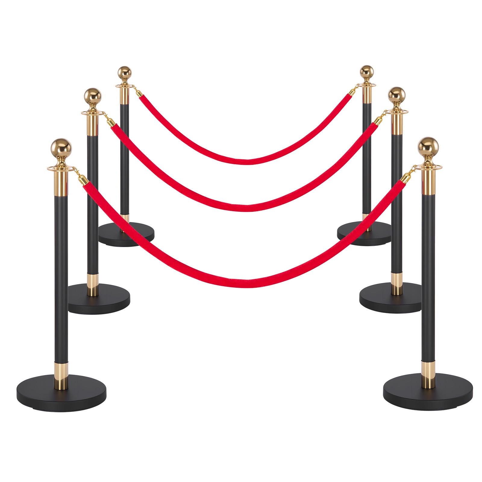 VEVOR 6 Pcs Stanchion Post with Red Carpet & 4 Red Velvet Rope Hollow Base Black