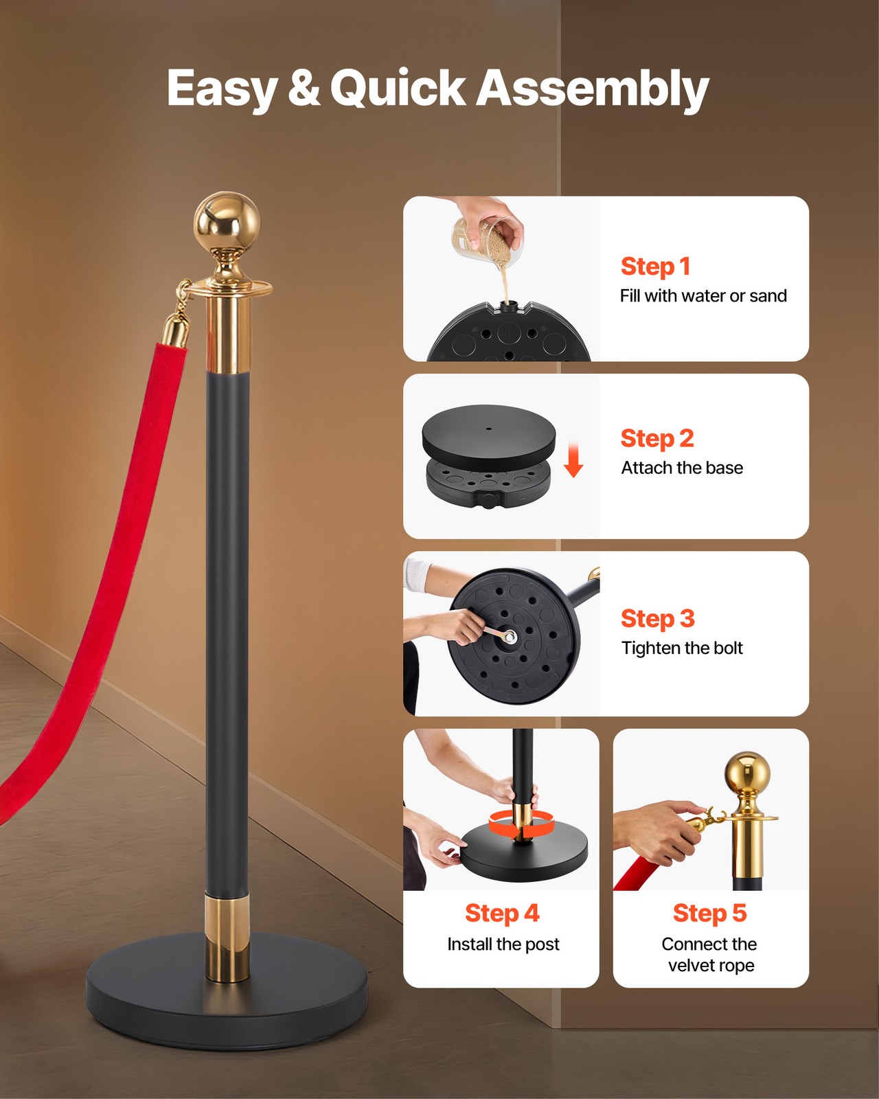 VEVOR 6 Pcs Stanchion Post with Red Carpet & 4 Red Velvet Rope Hollow Base Black