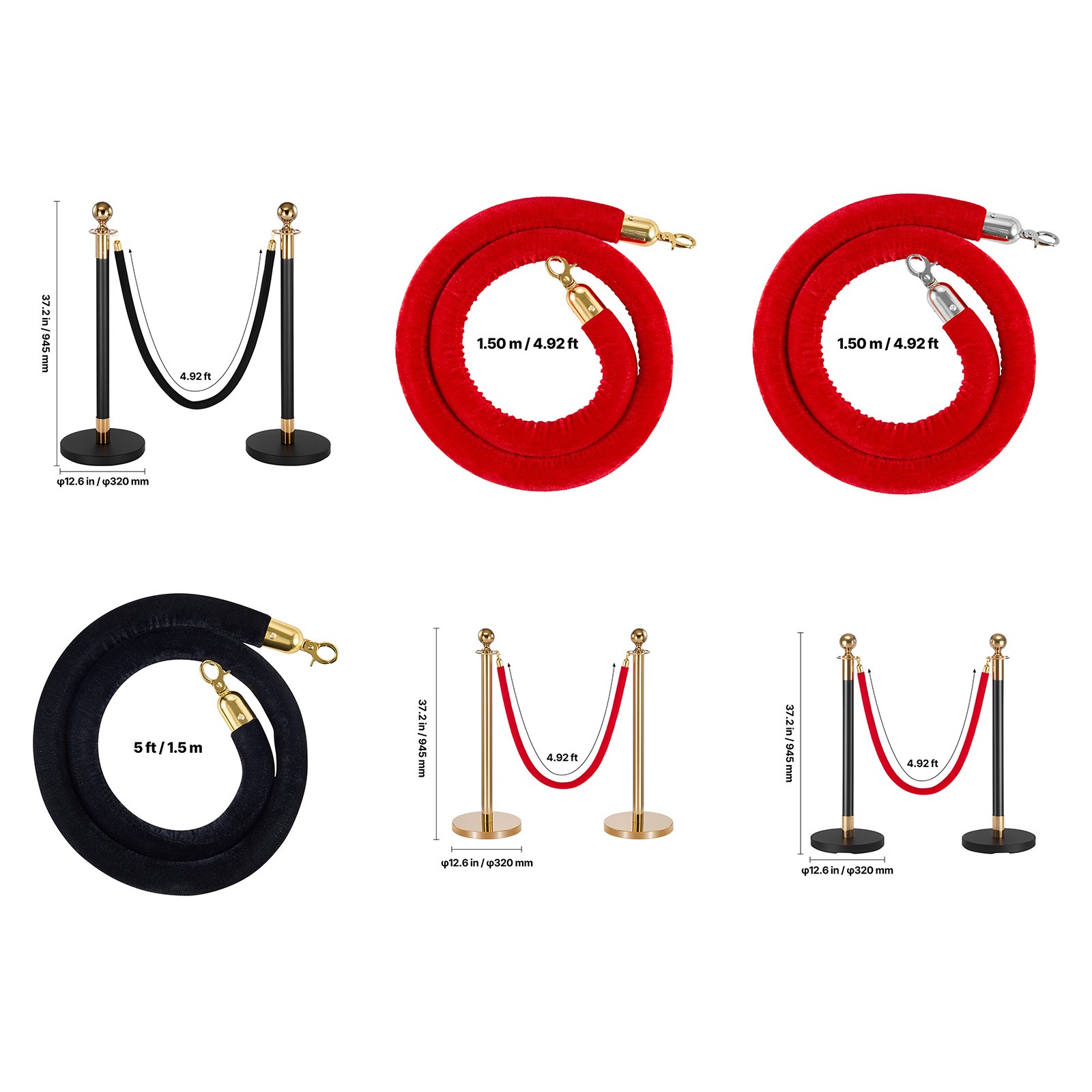 Uimoso 2/4/6/8 Pcs Red/Black Velvet Barrier Ropes 5 ft Crowd Control Ropes
