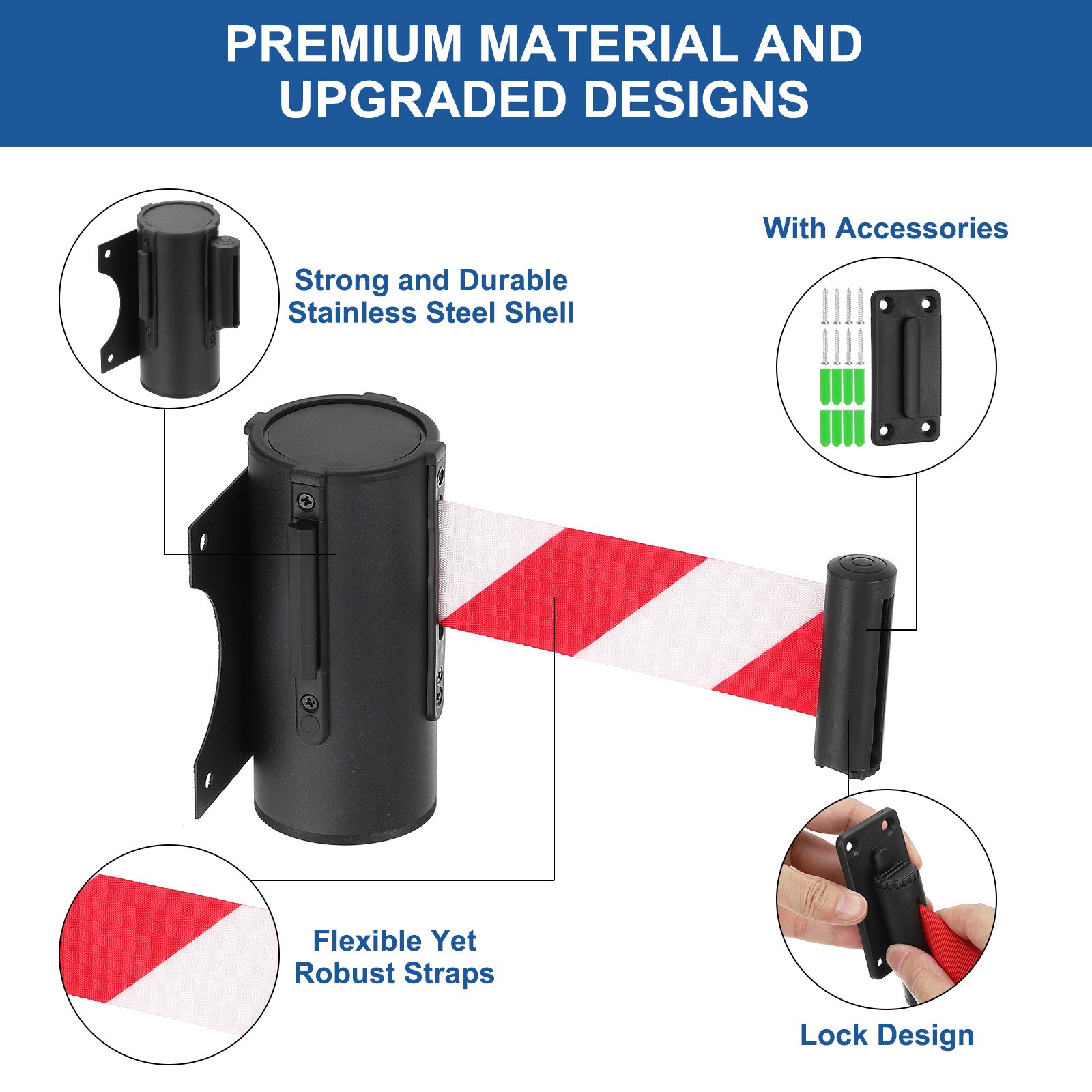 4 Pcs 9.84 ft Fixed Wall Mount Retractable Belt Barrier Black/Red/White