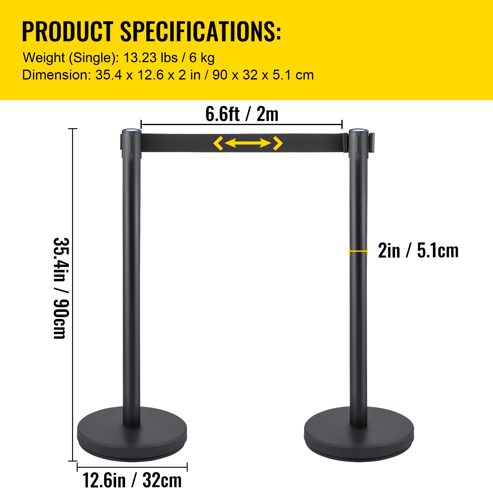 VEVOR Crowd Control Stanchion Stanchion Set 6 Pieces with 6.6 ft/2 m Black Belt