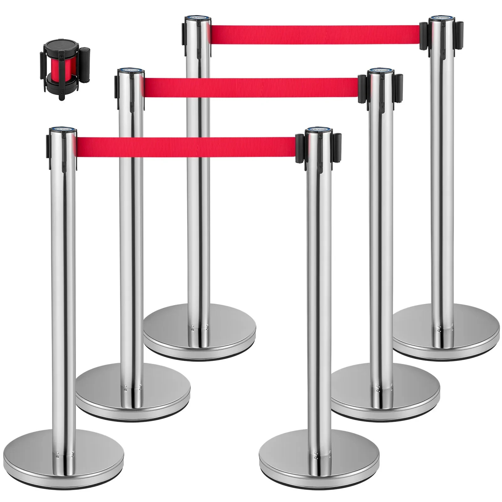 Crowd Control Stanchion Stanchion Set 6 Pieces with 6.6 ft/2 m Red Belt