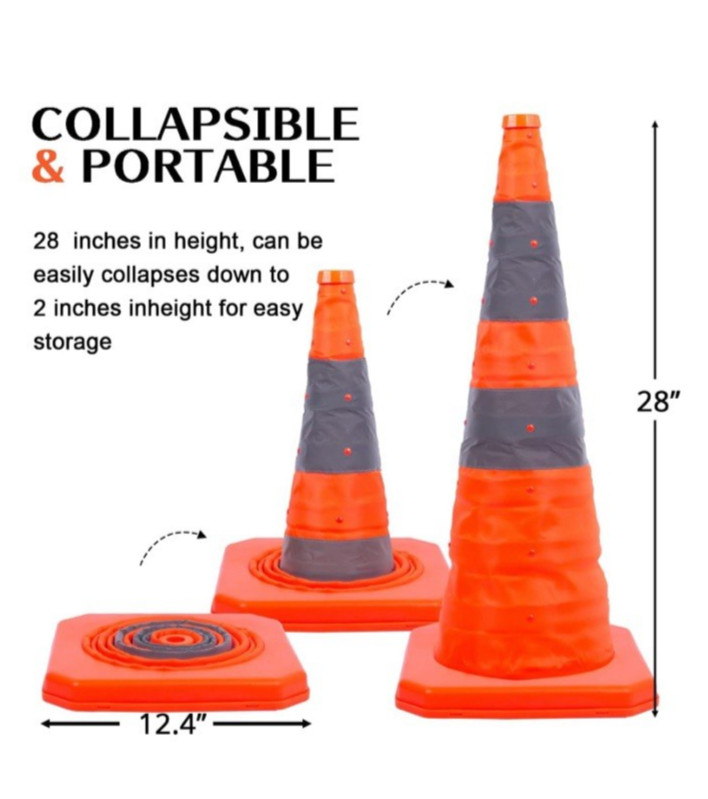 Collapsible Traffic Safety Cones 4 Pack 28 inch w/ LED Light by Guardlead