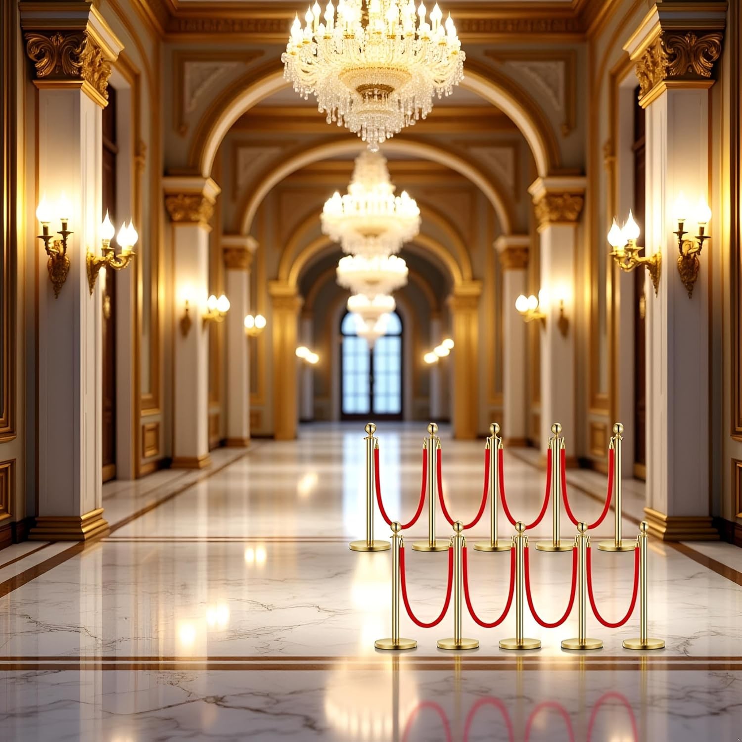 Gold Velvet Rope Stanchion 37″ Post, 5ft Red Rope, Event & Party Crowd Control