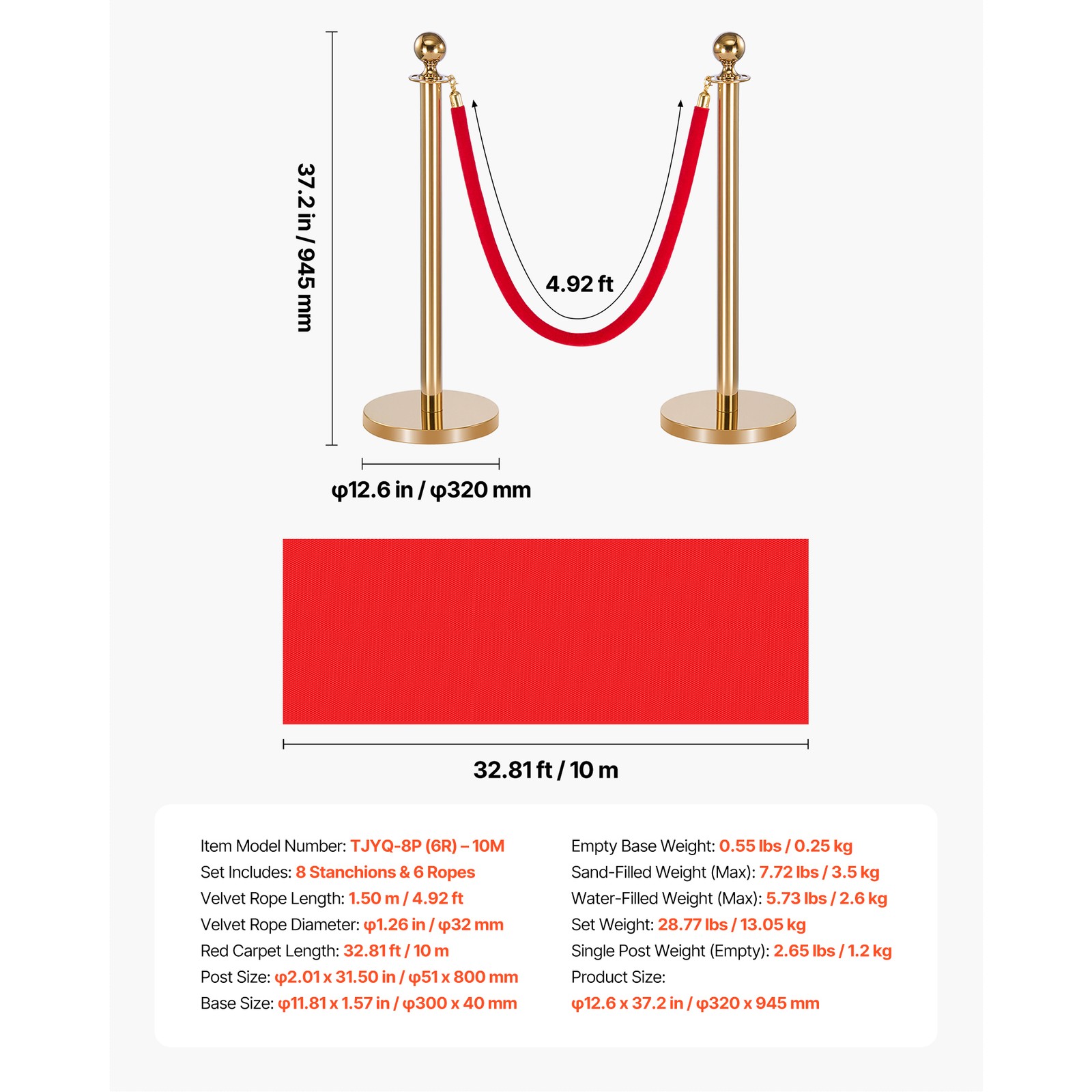 Uimoso 8-Piece Gold Stanchion Set with Red Carpet & 6 Velvet Ropes, Hollow Base
