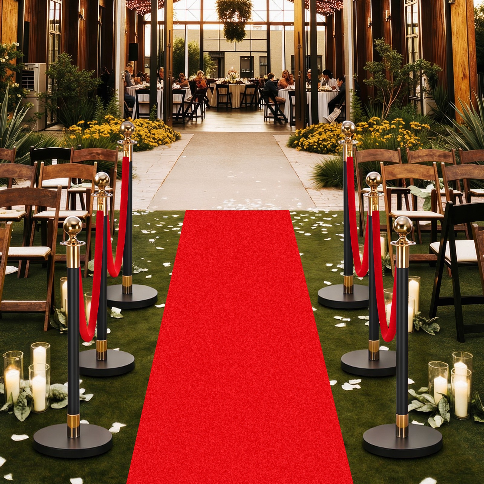 VEVOR 6 Pcs Stanchion Post with Red Carpet & 4 Red Velvet Rope Hollow Base Black