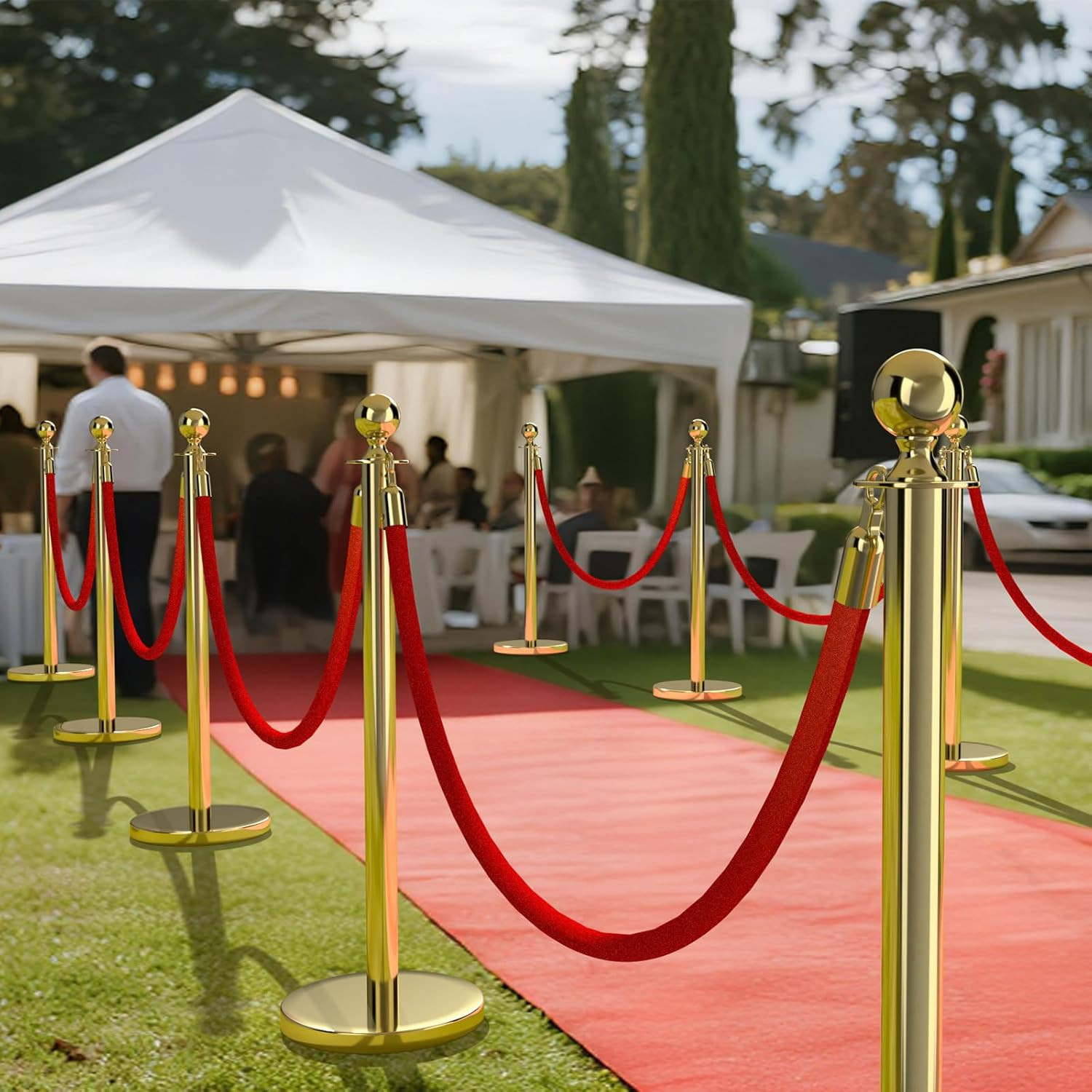 4Pcs Golden Stanchions with Red Velvet Ropes for Party & Photo Booth Decor