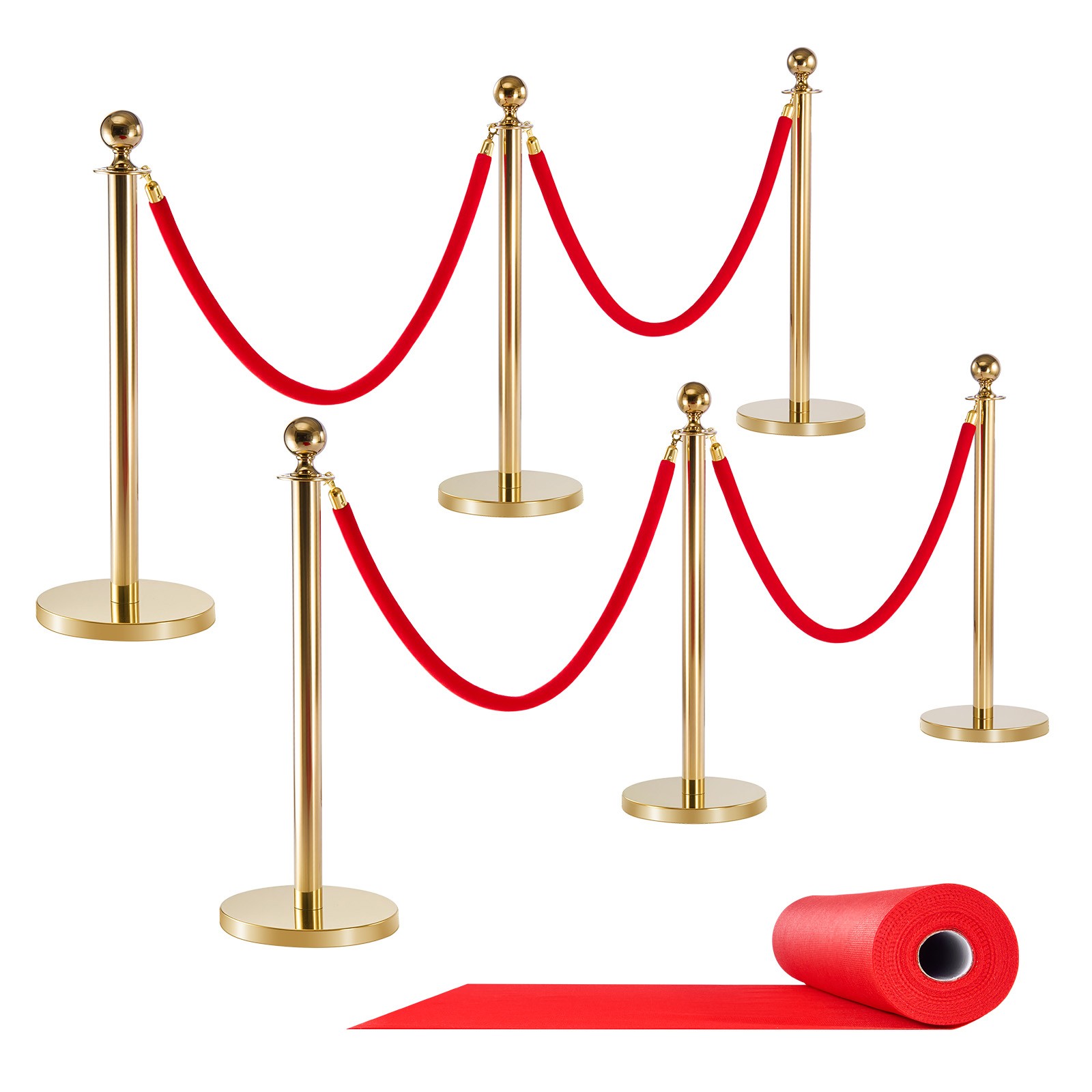 Uimoso 6PCS Gold Stanchion Post Set with Red Carpet & 4 Velvet Ropes Hollow Base