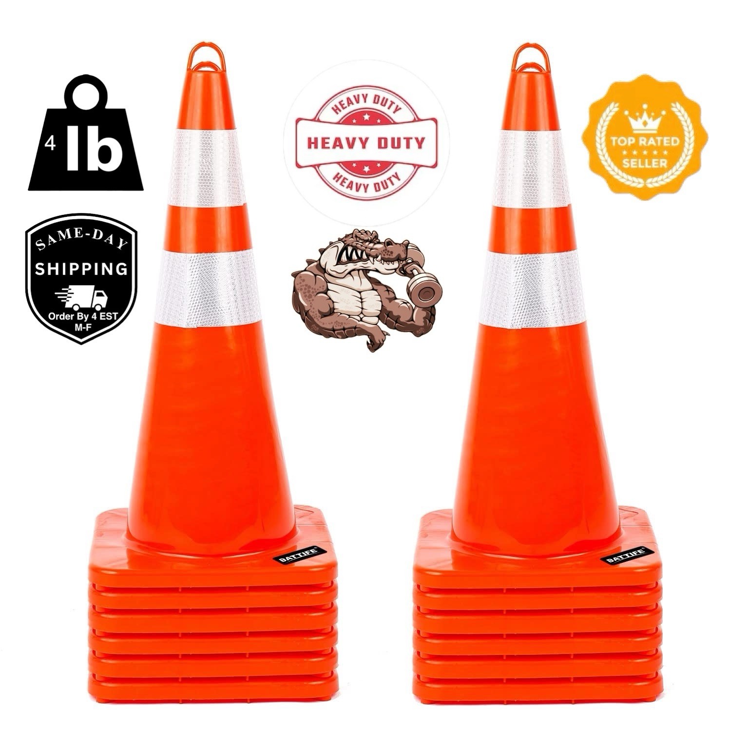 12 Pack 28 Inch Traffic Safety Cones with Reflective Collars, Heavy Duty 4lbs
