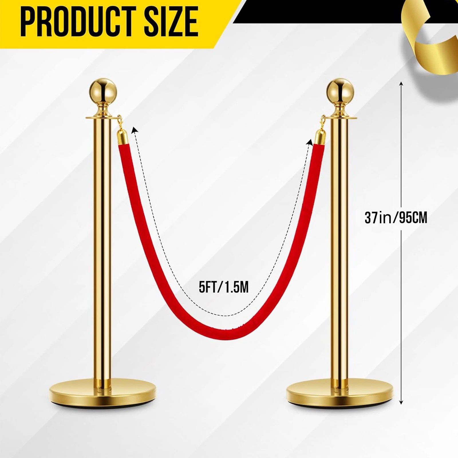 Gold Velvet Rope Stanchion 37″ Post, 5ft Red Rope, Event & Party Crowd Control