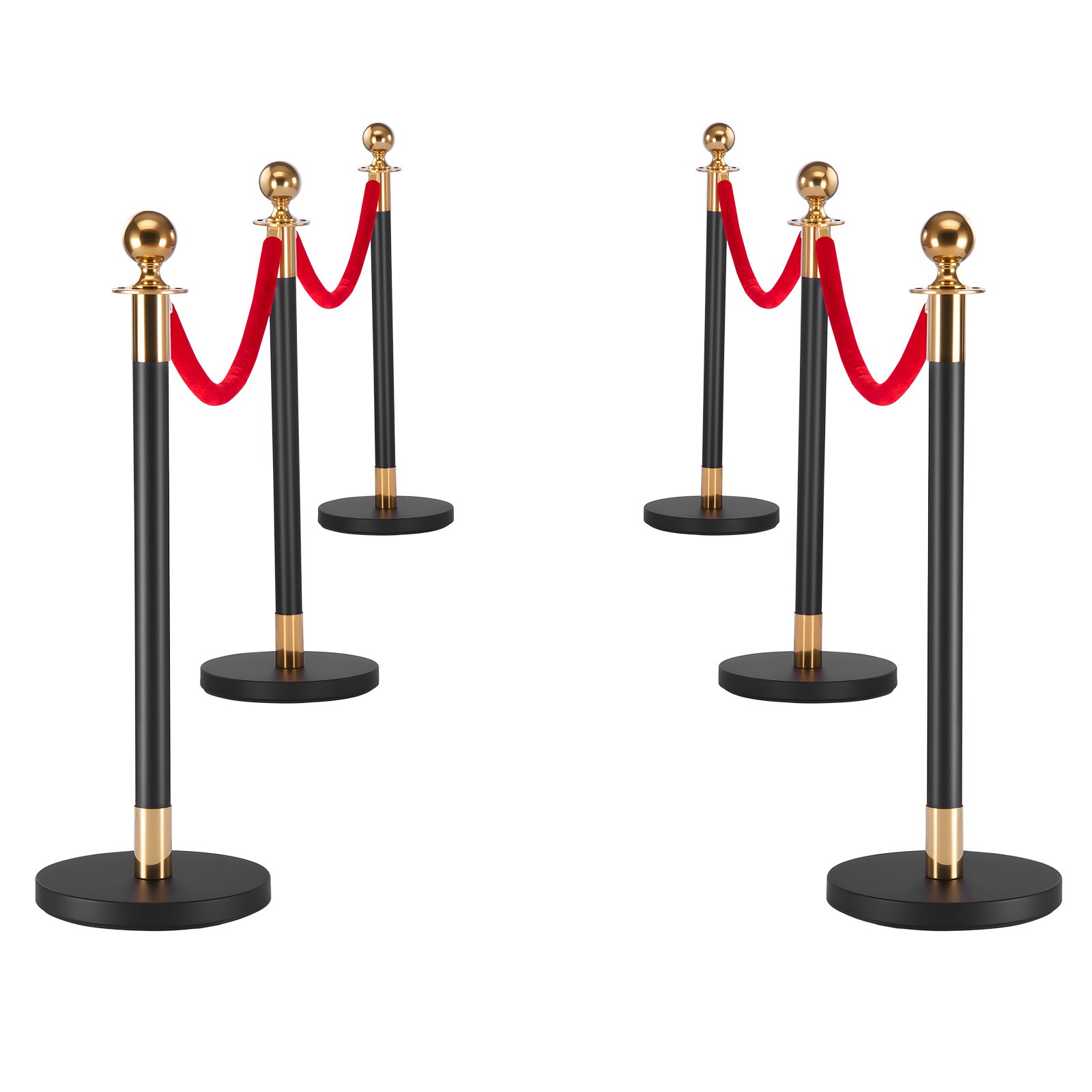 VEVOR 6 Pcs Stanchion Post with Red Carpet & 4 Red Velvet Rope Hollow Base Black