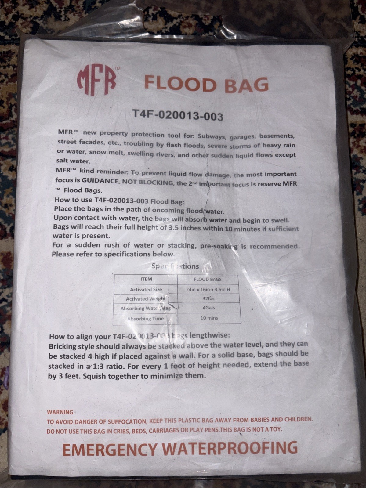 Water Activated Flood Barrier Bags 6 Pack 24x16x3.5 Emergency Sandless Bags
