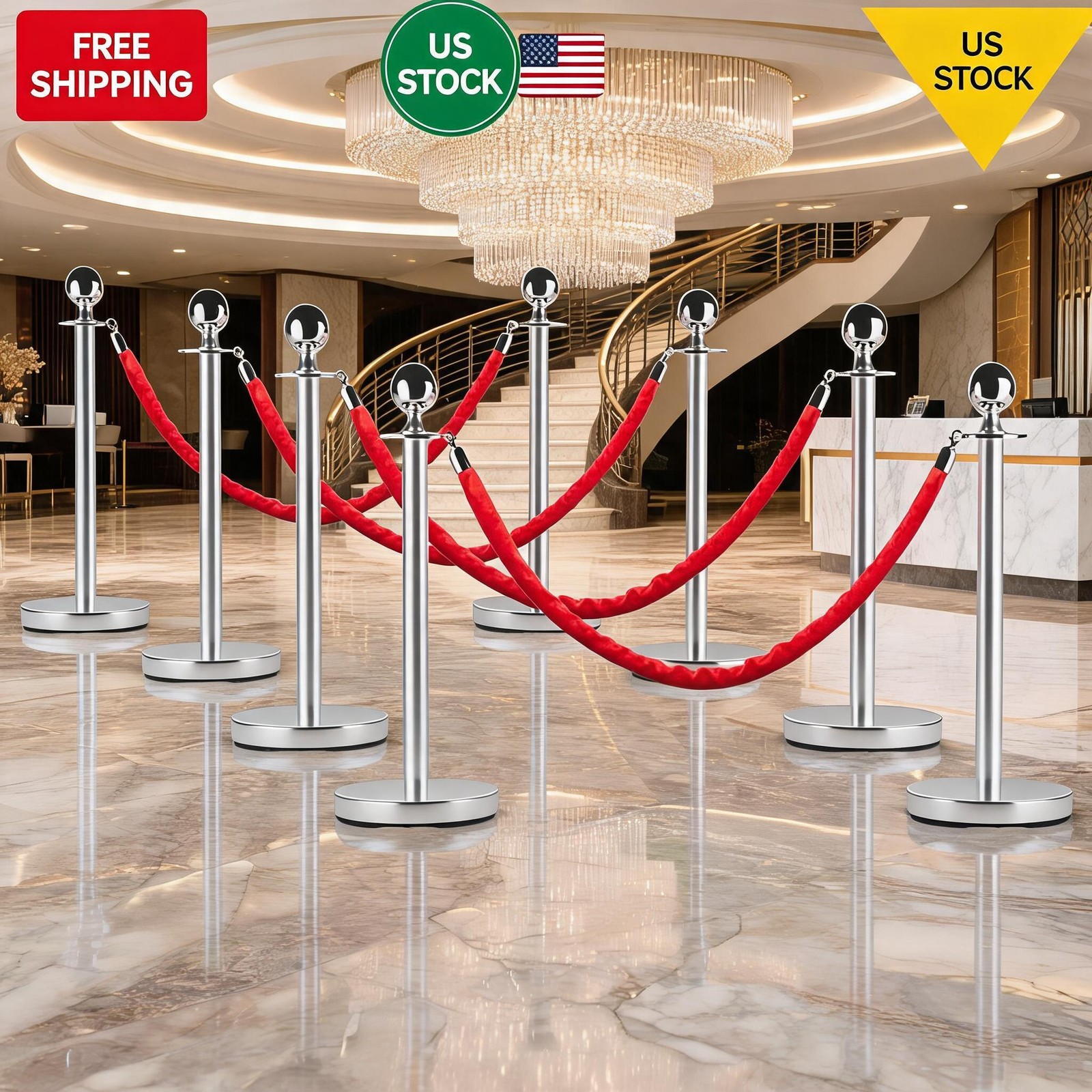 8 PCS Stainless Steel Stanchion Post Queue 5 ft Red Carpet Ropes and Pole Crowd