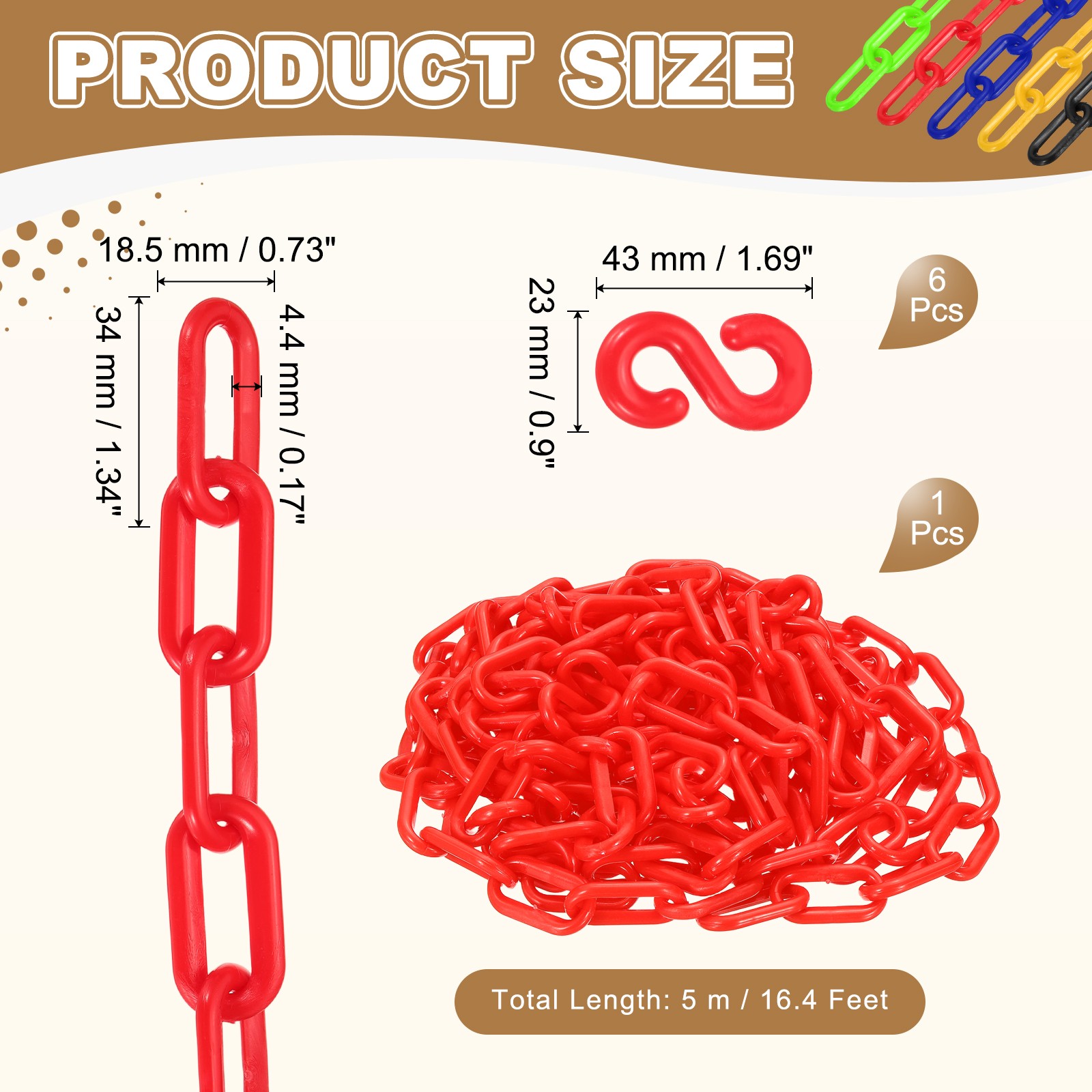Barrier Chain, (16.4ft 0.7″ Dia., Red), Plastic Safety Chain Links W S Hooks