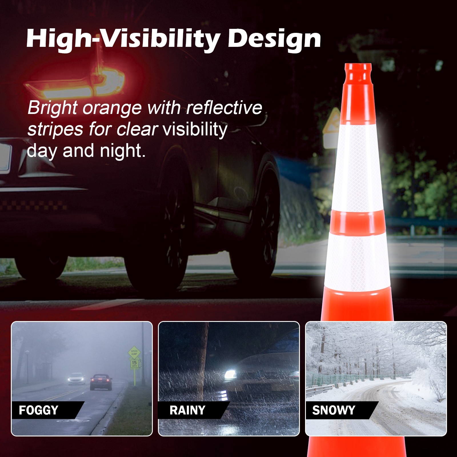 Reflective Collar PVC Traffic Cone Four Color Weighted Base Day/Night Visibility