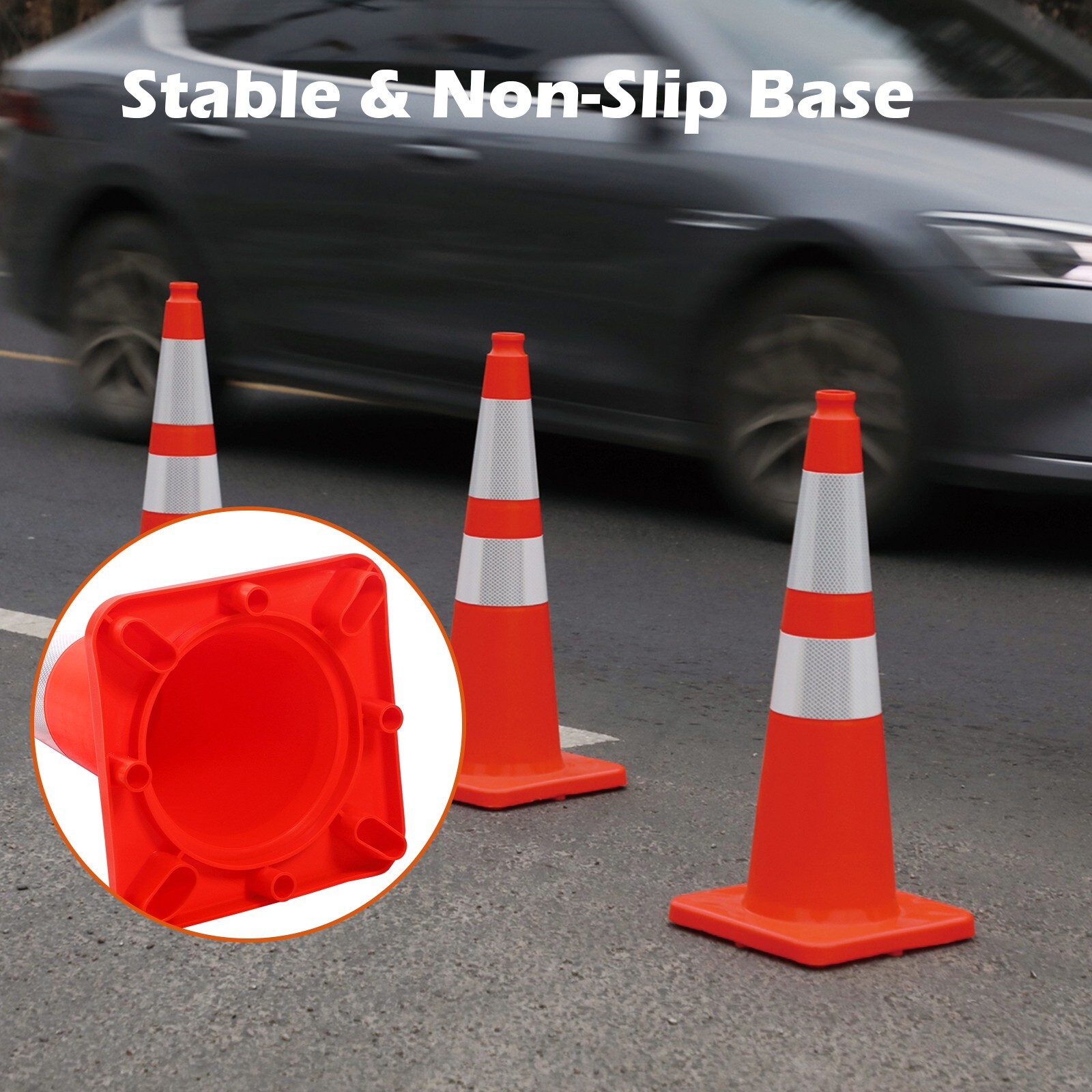 8PCS 12/18/28”Flexible PVC Traffic Cones with Reflective Collar High Visibility