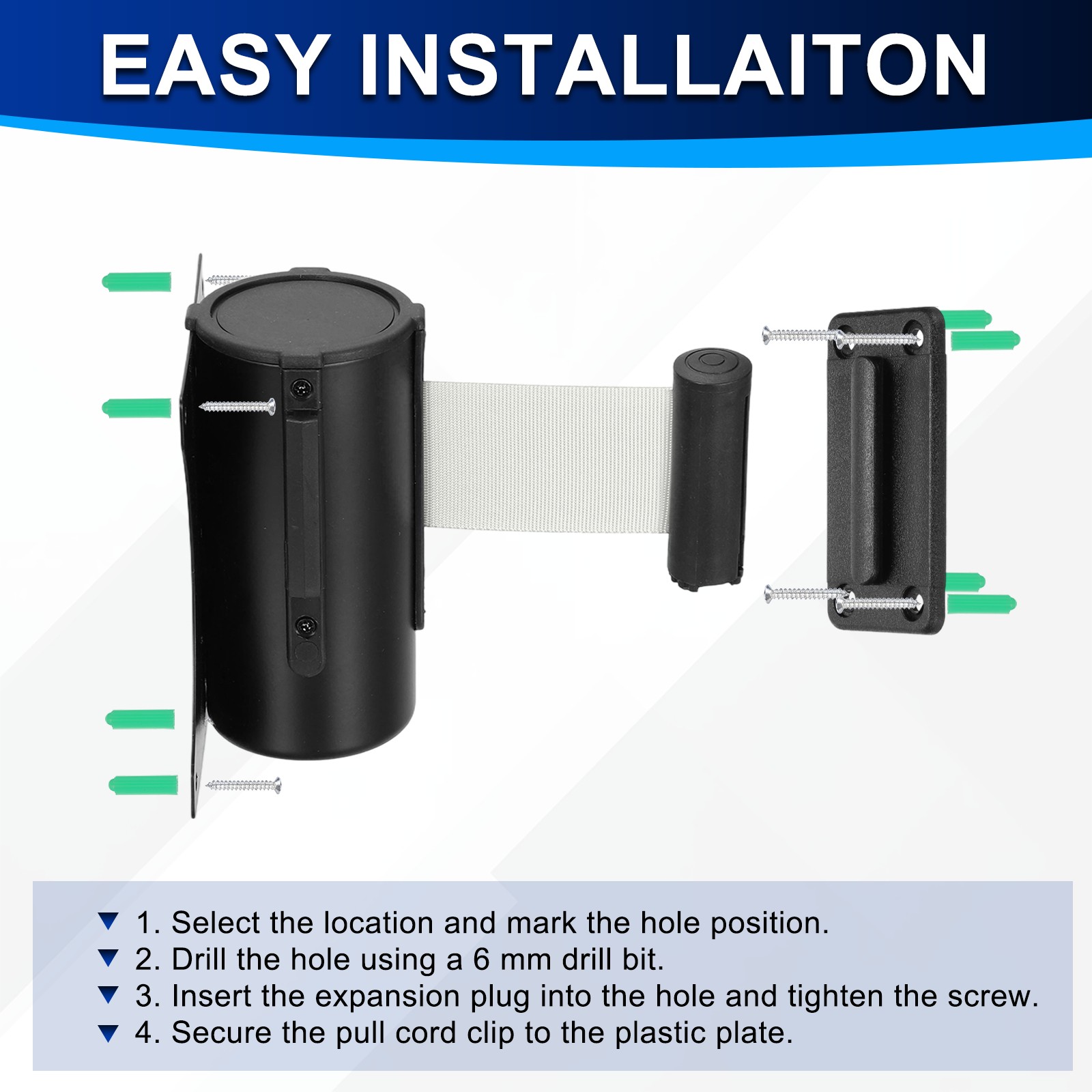 Fixed Wall Mount Retractable Belt Barriers (10 Feet, Gray) (1 Pcs)